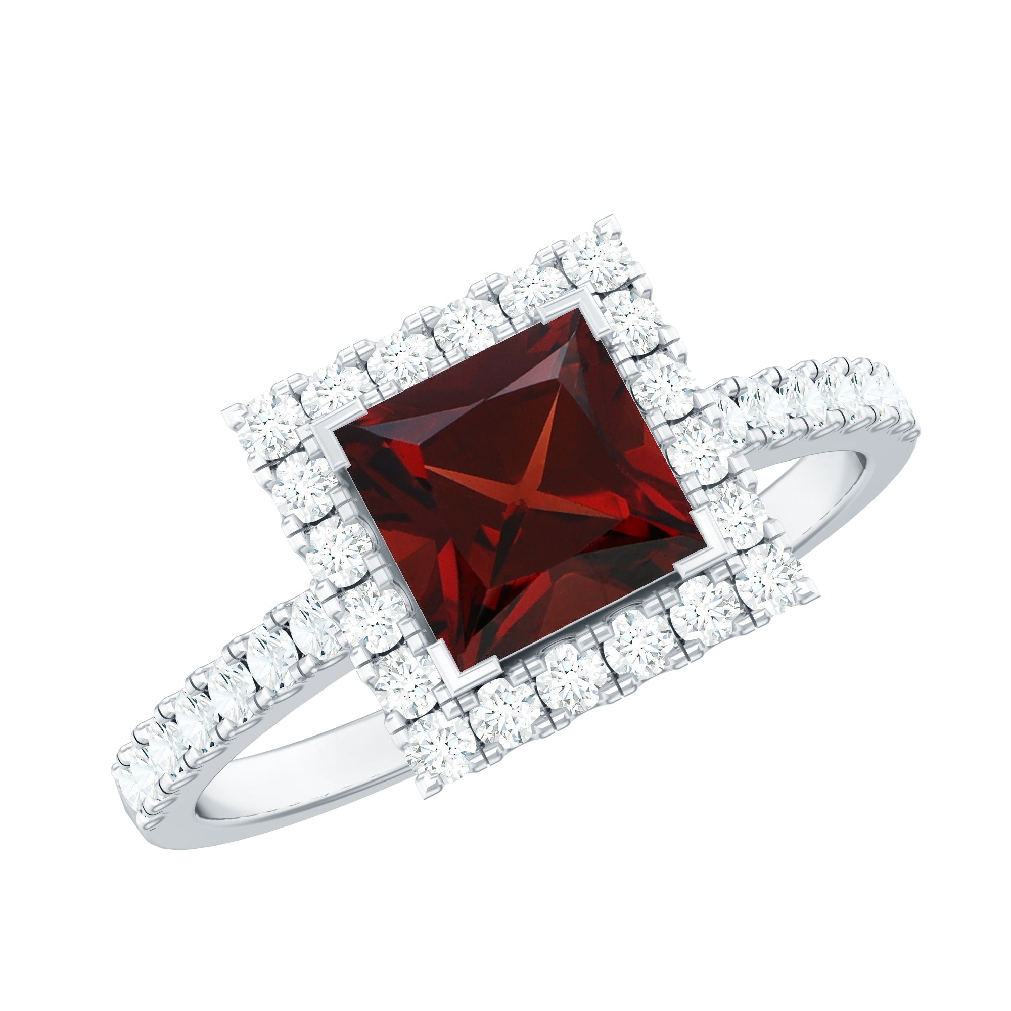 Natural Garnet Princess Cut Engagement Ring with Diamond Halo