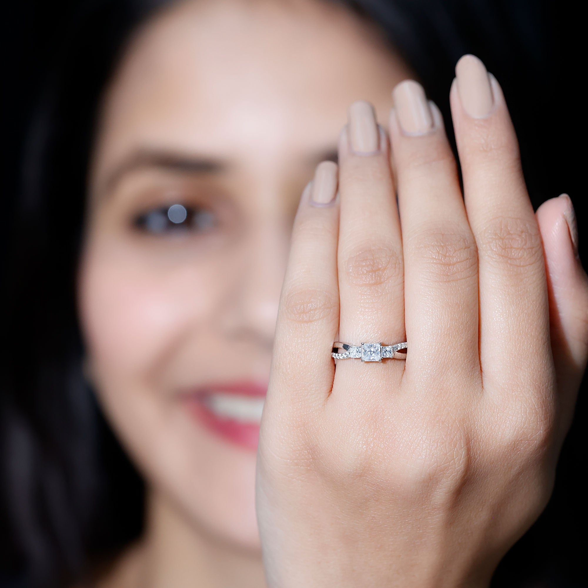 Princess Cut Moissanite Three Stone Engagement Ring D-VS1 - Rosec Jewels