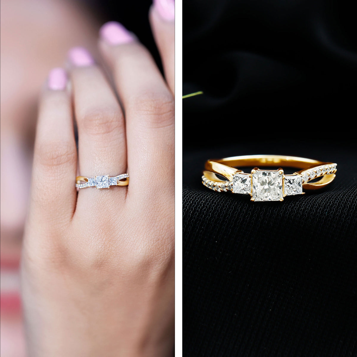Princess Cut Moissanite Three Stone Engagement Ring D-VS1 - Rosec Jewels
