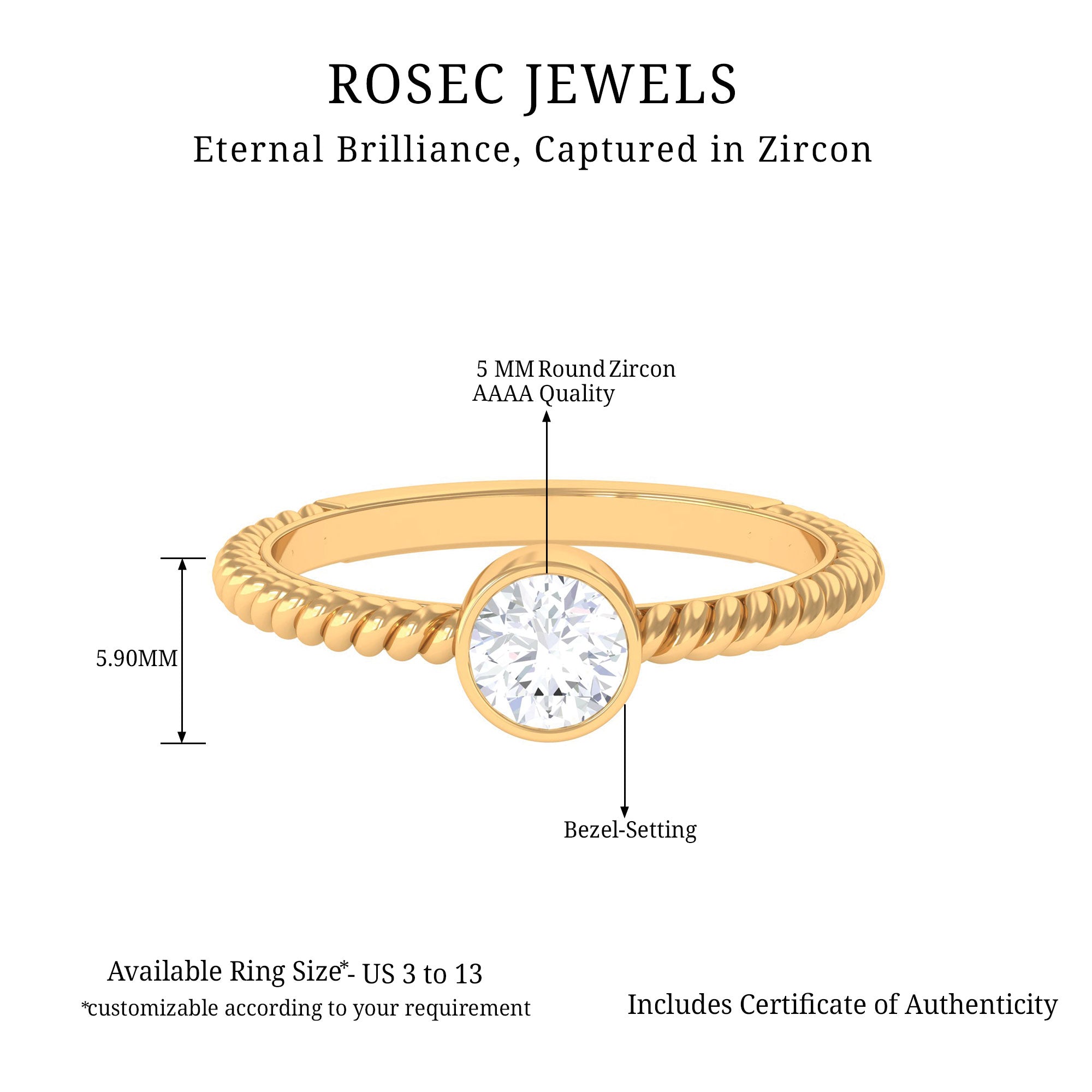 1/2 CT Bezel Set Zircon Solitaire Minimal Ring with Twisted Rope Details AAAA - Rosec Jewels