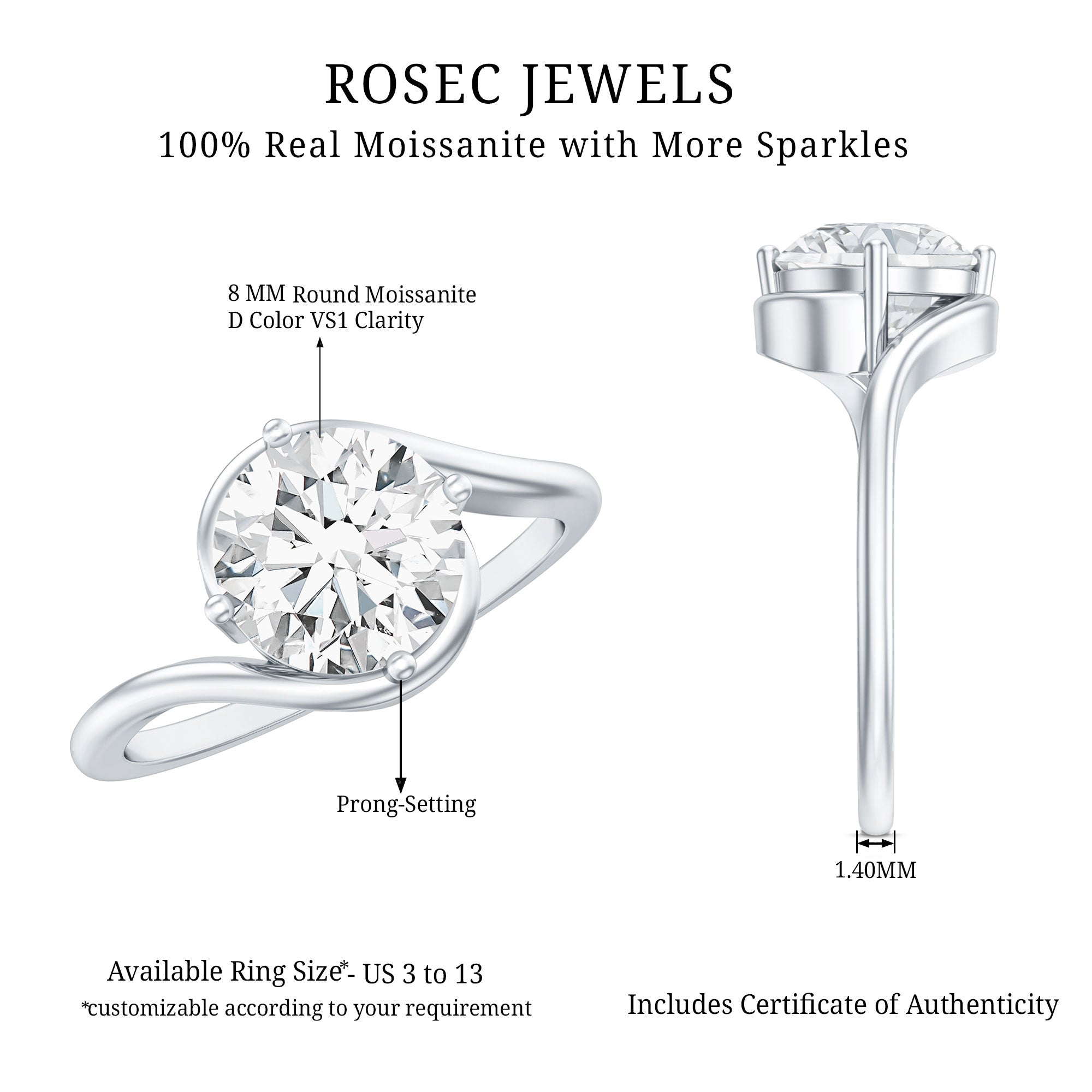 Round Cut 8 MM Moissanite Solitaire Engagement Ring in Bypass Shank D-VS1 - Rosec Jewels