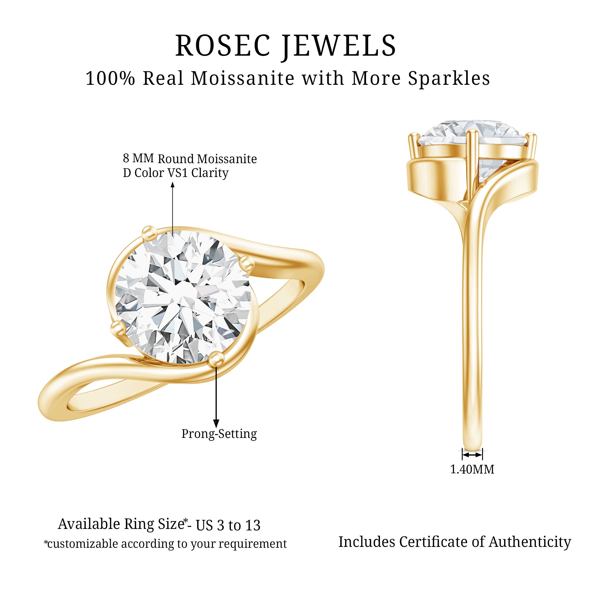 Round Cut 8 MM Moissanite Solitaire Engagement Ring in Bypass Shank D-VS1 - Rosec Jewels