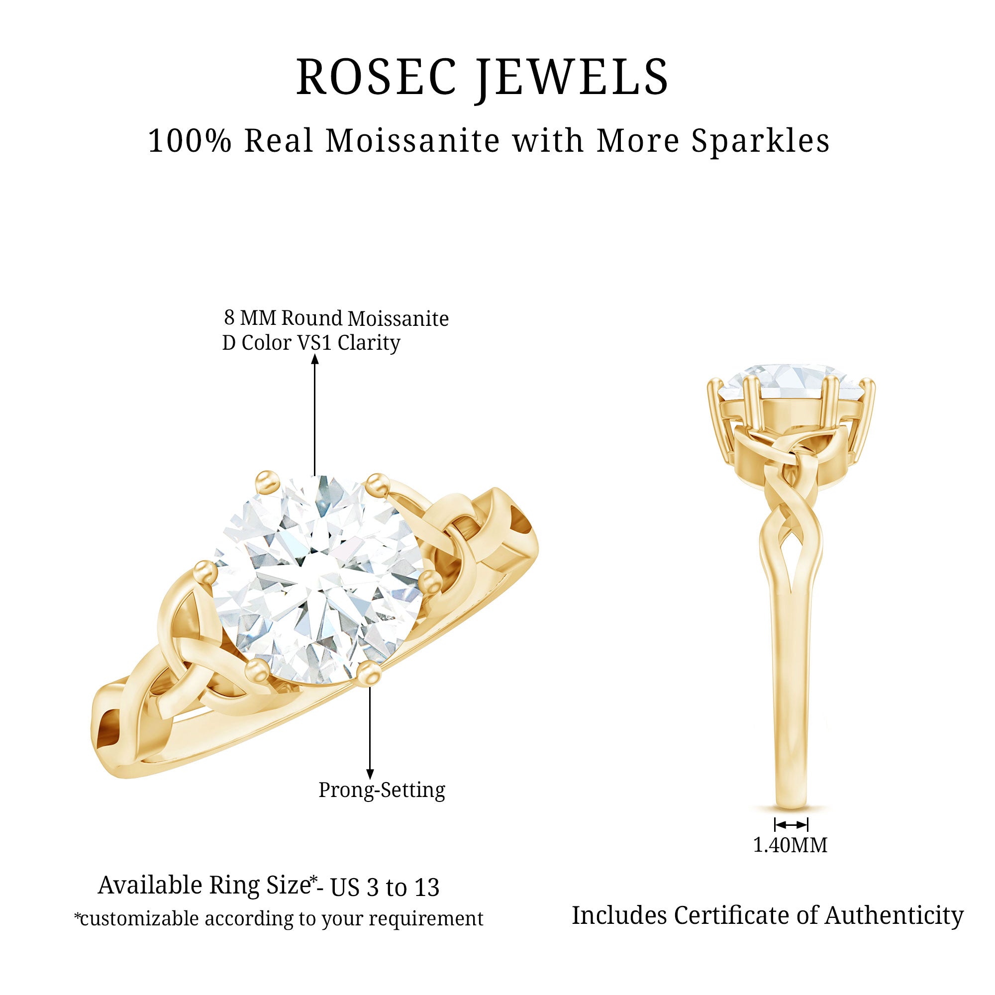 8 MM Round Cut Moissanite Celtic Design Engagement Ring D-VS1 - Rosec Jewels