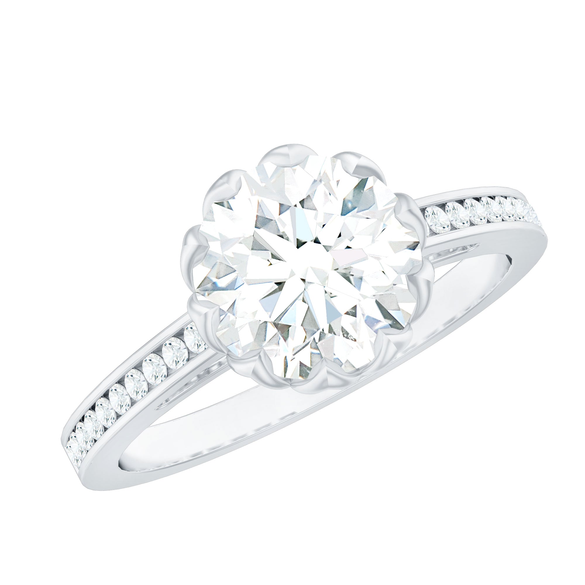 Round Moissanite Lotus Engagement Ring with Side Stones D-VS1 - Rosec Jewels