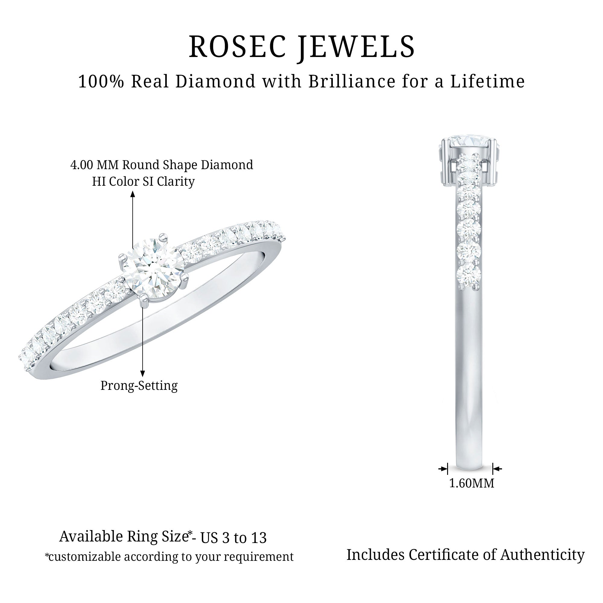 Round Diamond Solitaire Ring with Side Stones Natural - ( HI-SI ) - Rosec Jewels