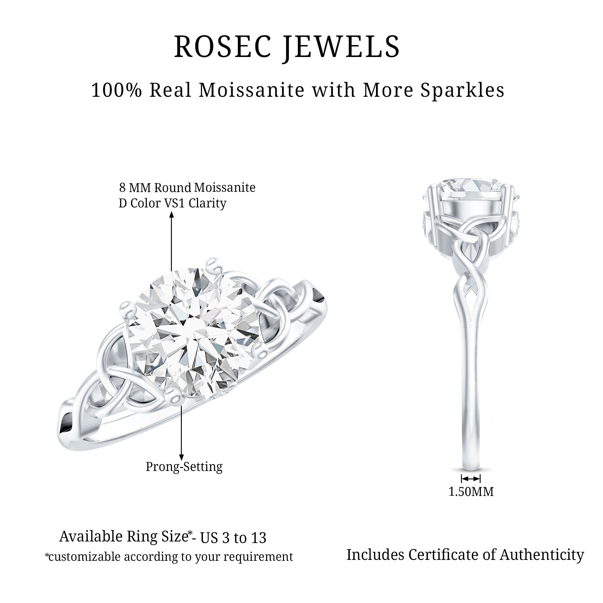 Certified Solitaire Moissanite Celtic Design Engagement Ring D-VS1 - Rosec Jewels