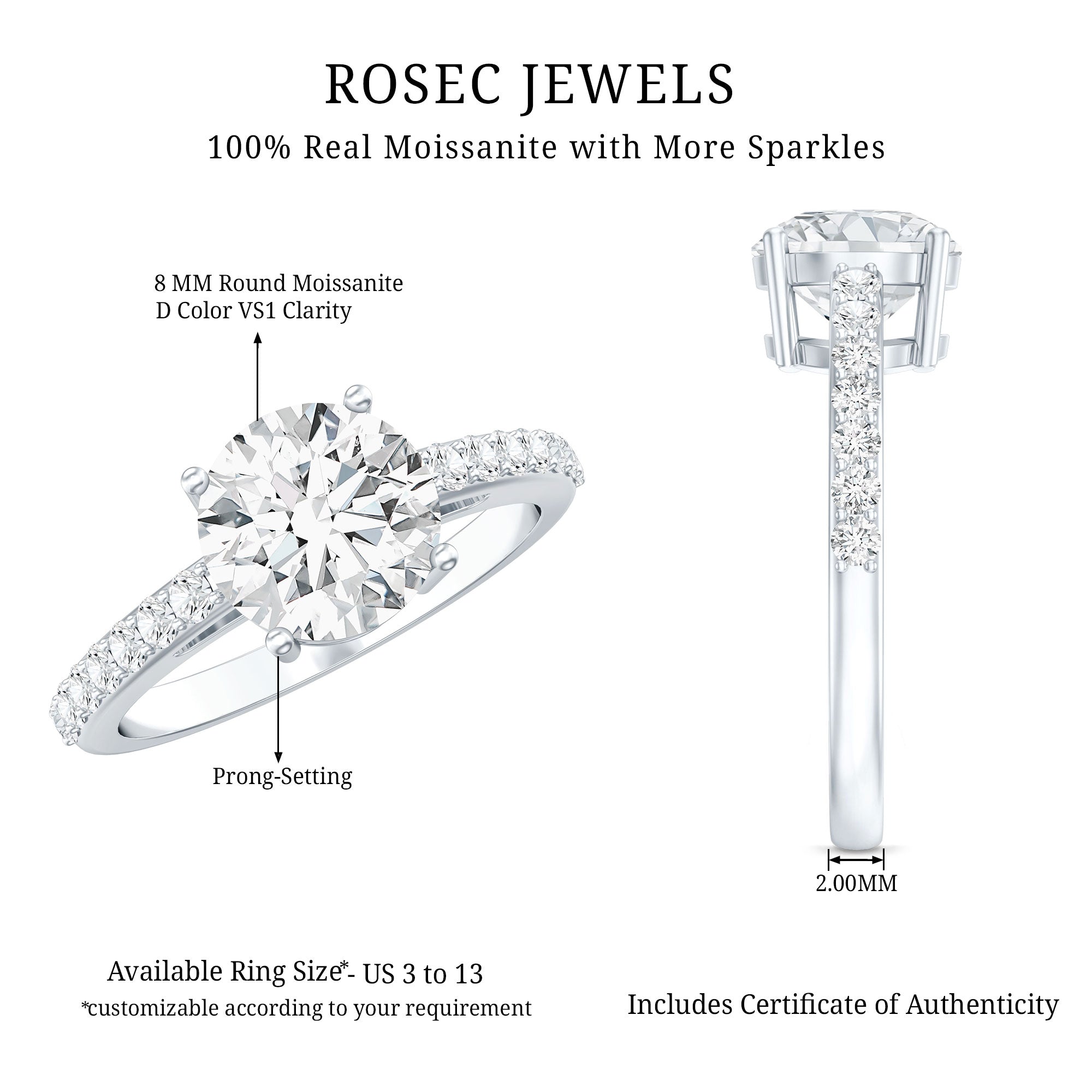 2 Carat Round Shape Moissanite Solitaire Engagement Ring with Certificate D-VS1 - Rosec Jewels