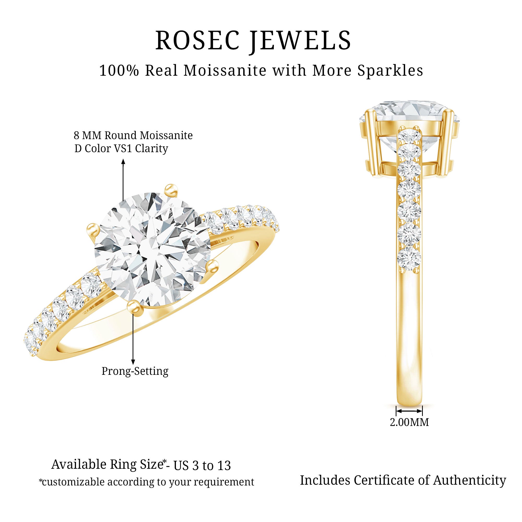 2 Carat Round Shape Moissanite Solitaire Engagement Ring with Certificate D-VS1 - Rosec Jewels