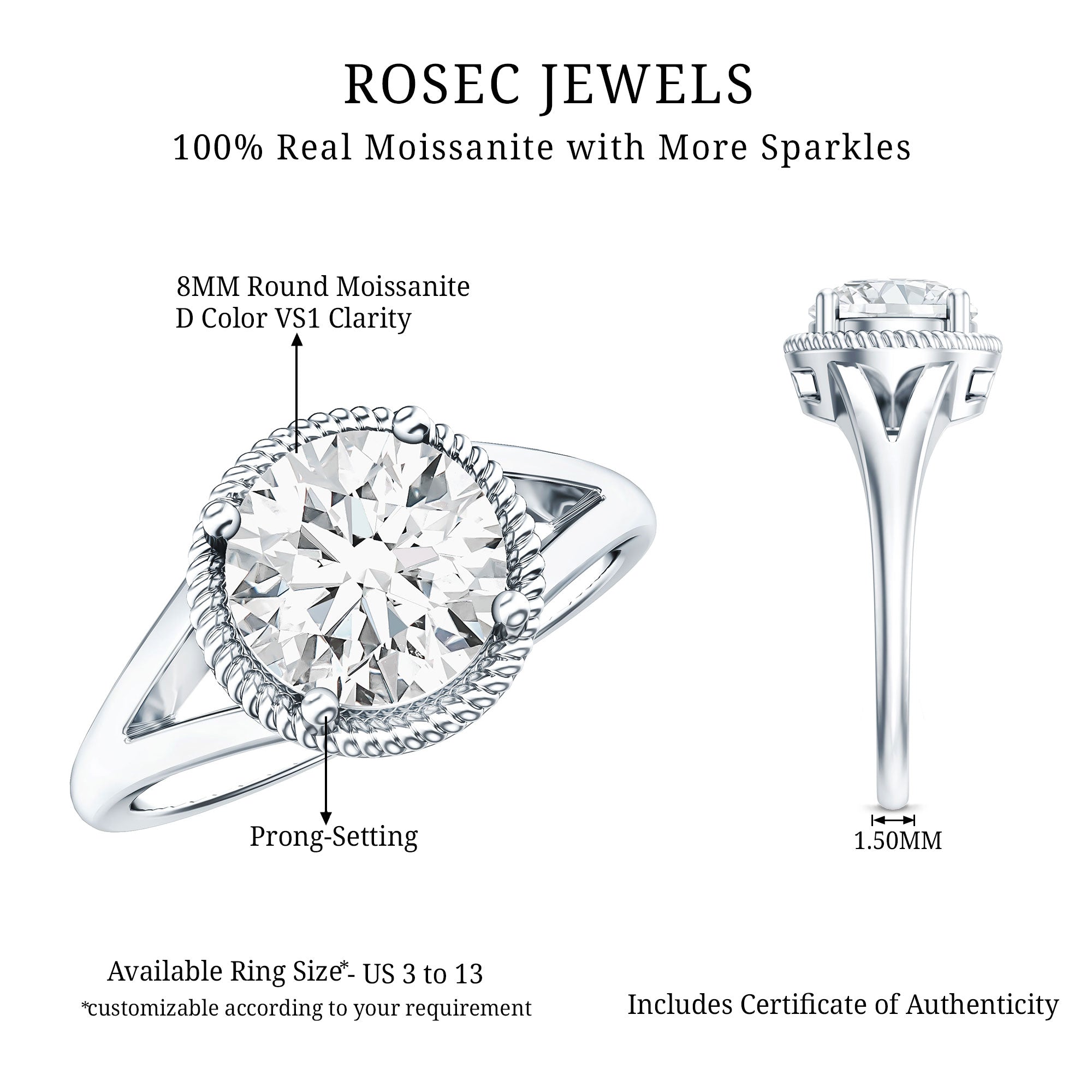 2 CT Round Moissanite Rope Band Engagement Ring D-VS1 - Rosec Jewels