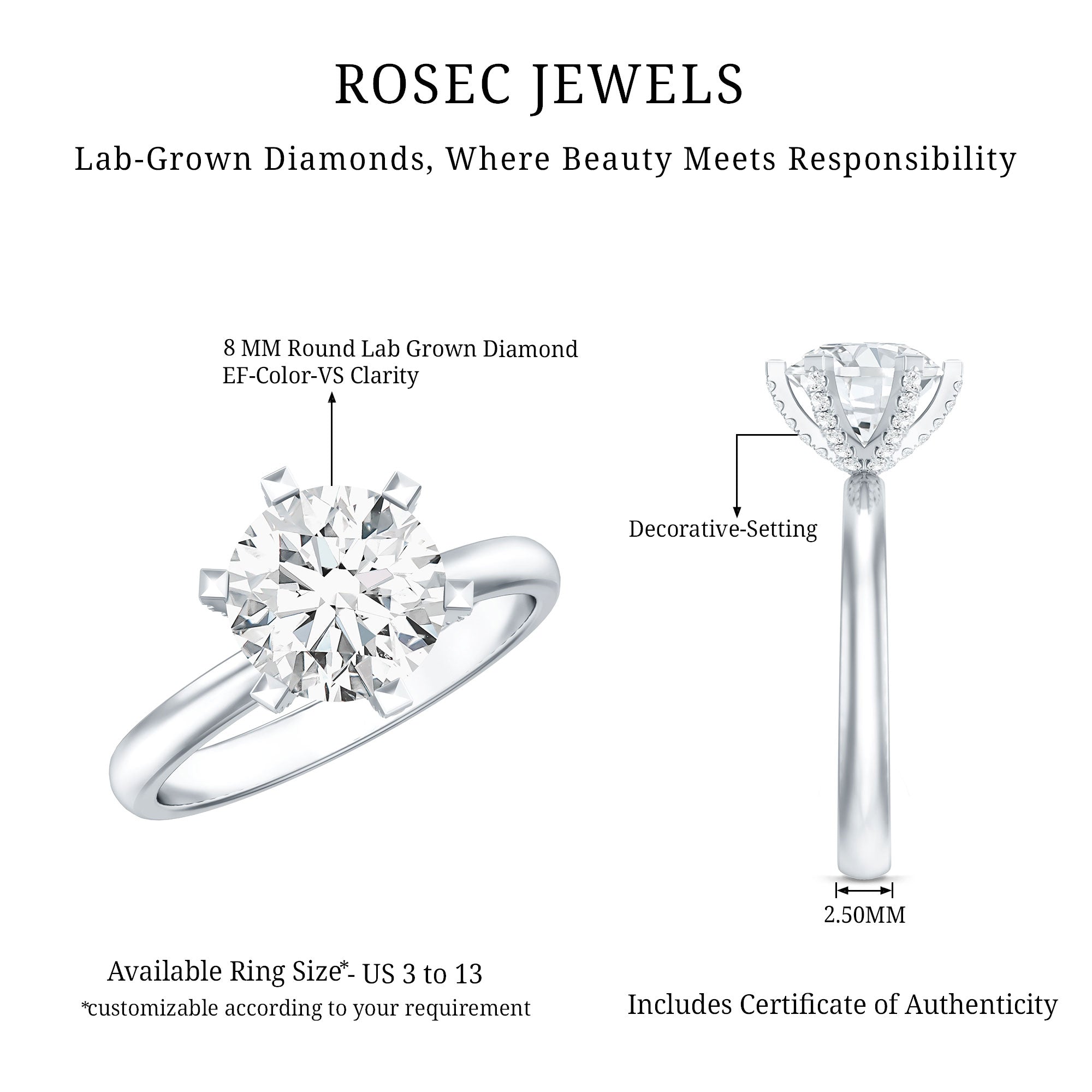8 MM Round Brilliant Cut Lab Grown Diamond Engagement Ring Lab - ( EF-VS ) - Rosec Jewels