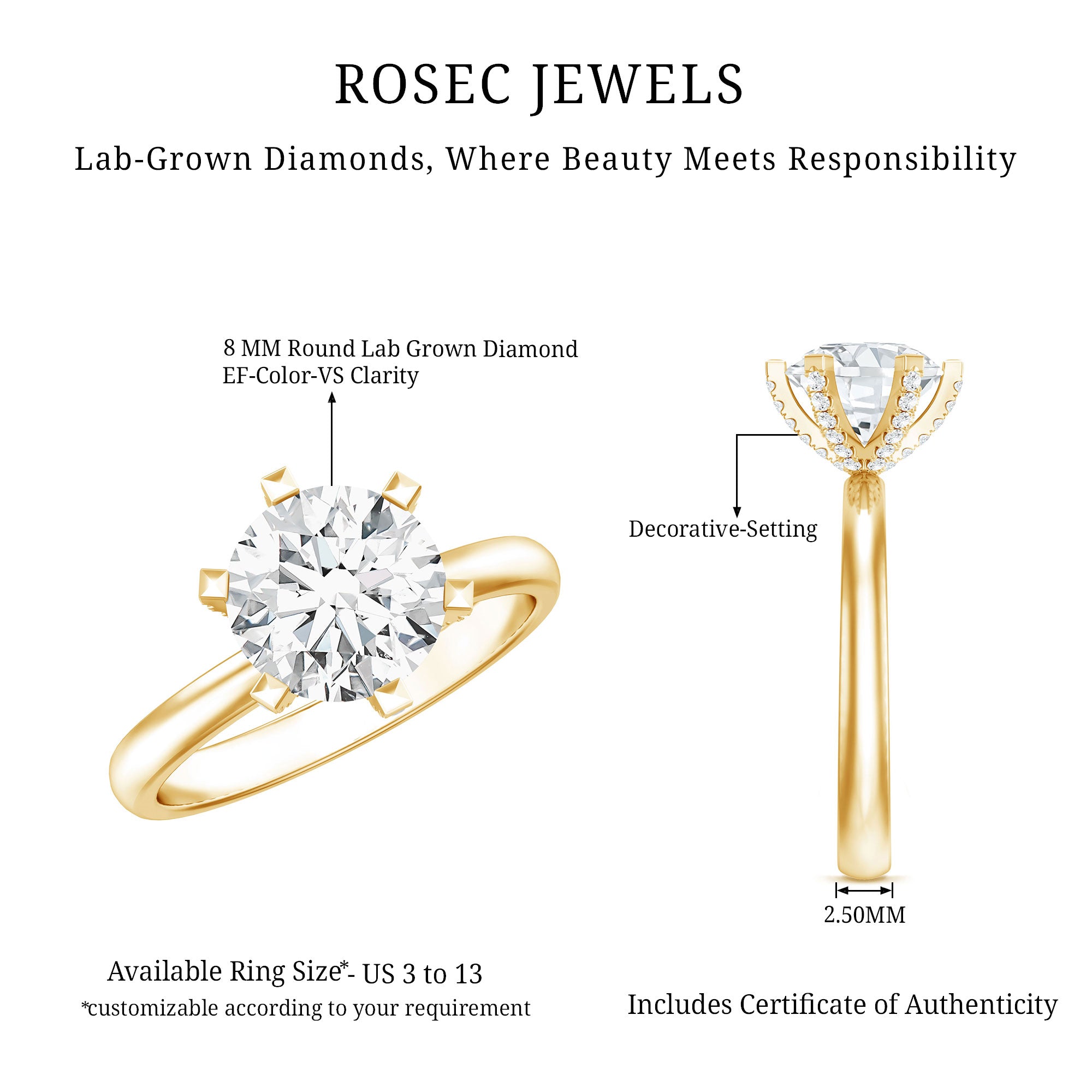 8 MM Round Brilliant Cut Lab Grown Diamond Engagement Ring Lab - ( EF-VS ) - Rosec Jewels