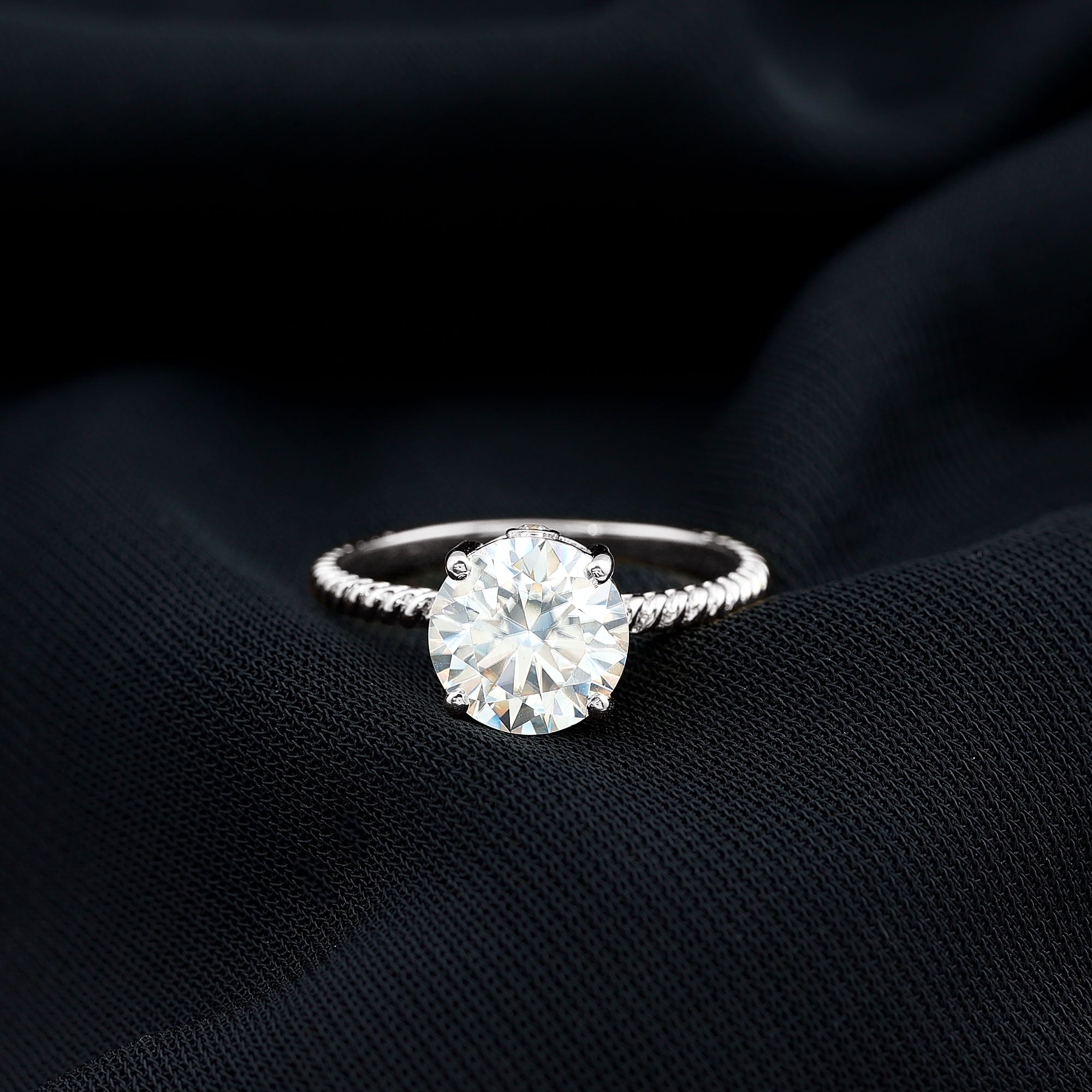 Round Cut Moissanite Solitaire Engagement Ring with Twisted Rope D-VS1 - Rosec Jewels