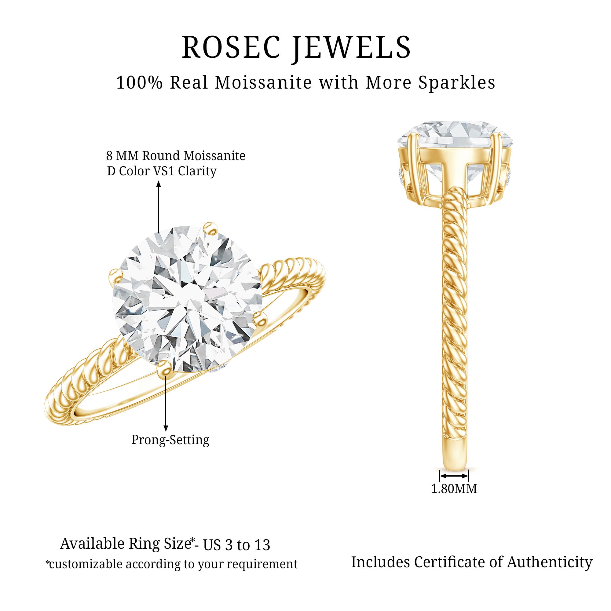 Round Cut Moissanite Solitaire Engagement Ring with Twisted Rope D-VS1 - Rosec Jewels