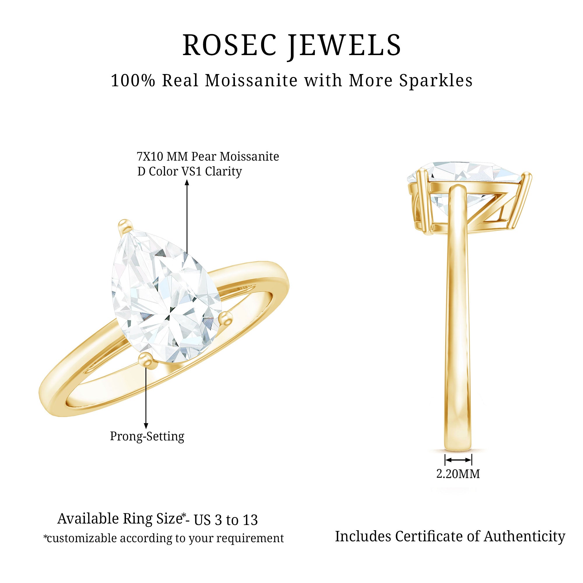 2 CT Moissanite Pear Shaped Engagement Ring for Women D-VS1 - Rosec Jewels