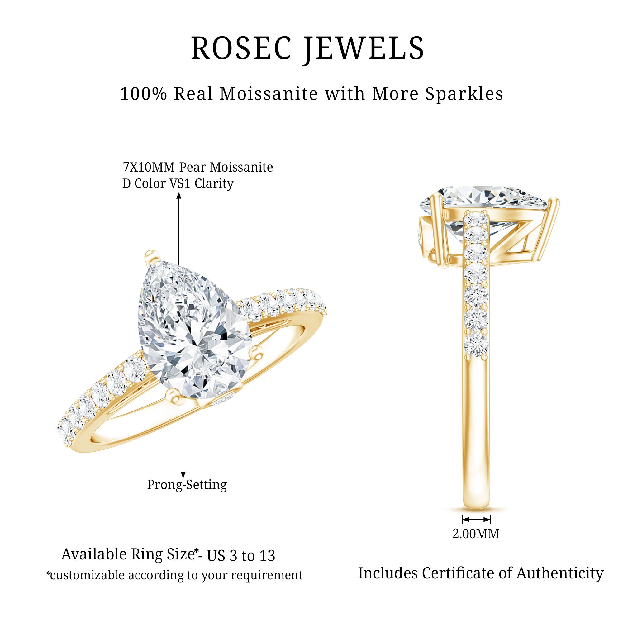 Certified 2.25 CT Moissanite Teardrop Engagement Ring For Her D-VS1 - Rosec Jewels