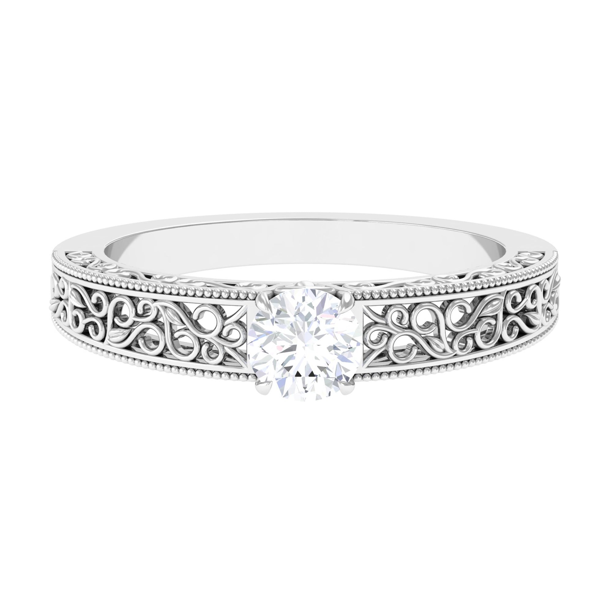 Cubic Zirconia Solitaire Vintage Inspired Filigree Ring in Claw Setting AAAA - Rosec Jewels