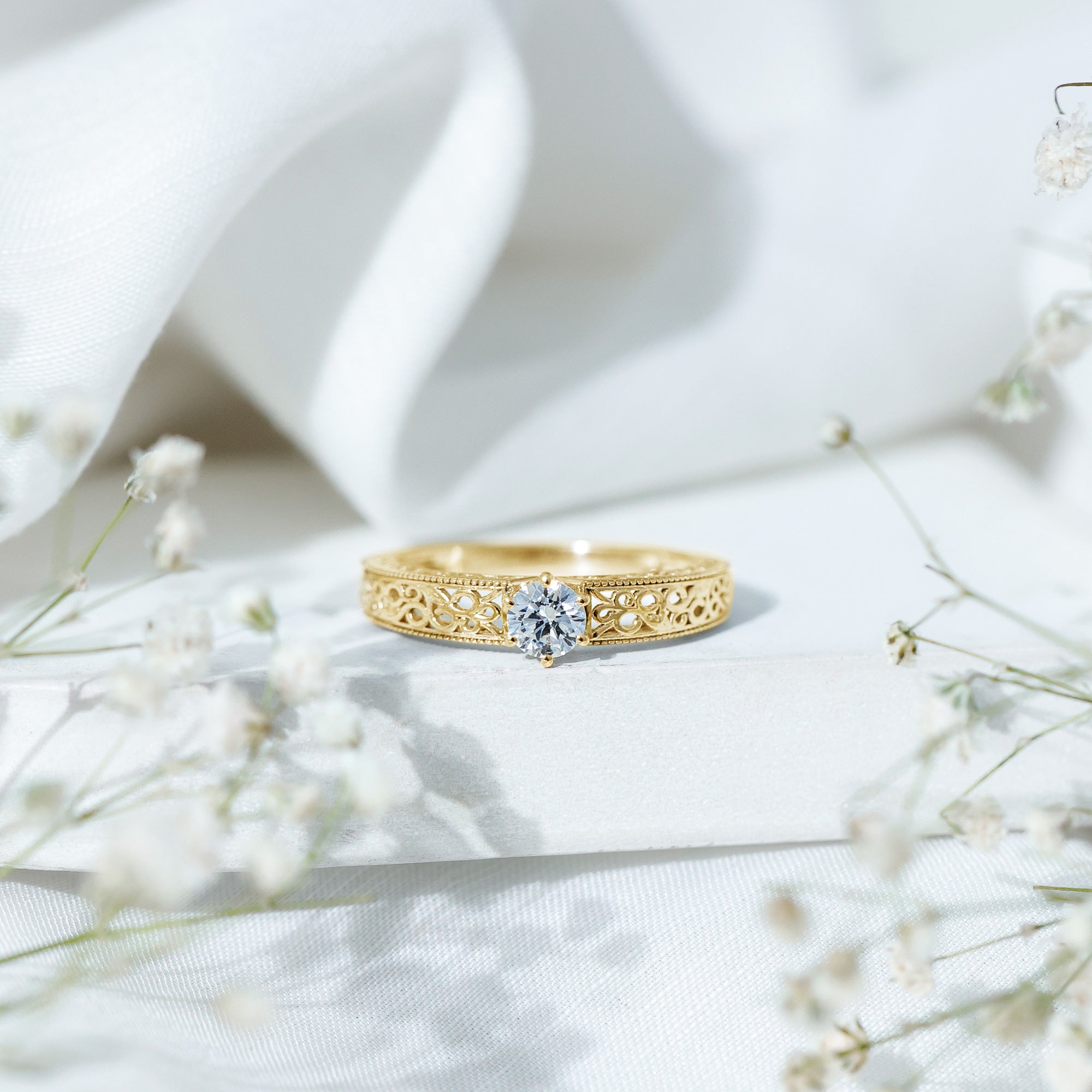 Cubic Zirconia Solitaire Vintage Inspired Filigree Ring in Claw Setting AAAA - Rosec Jewels