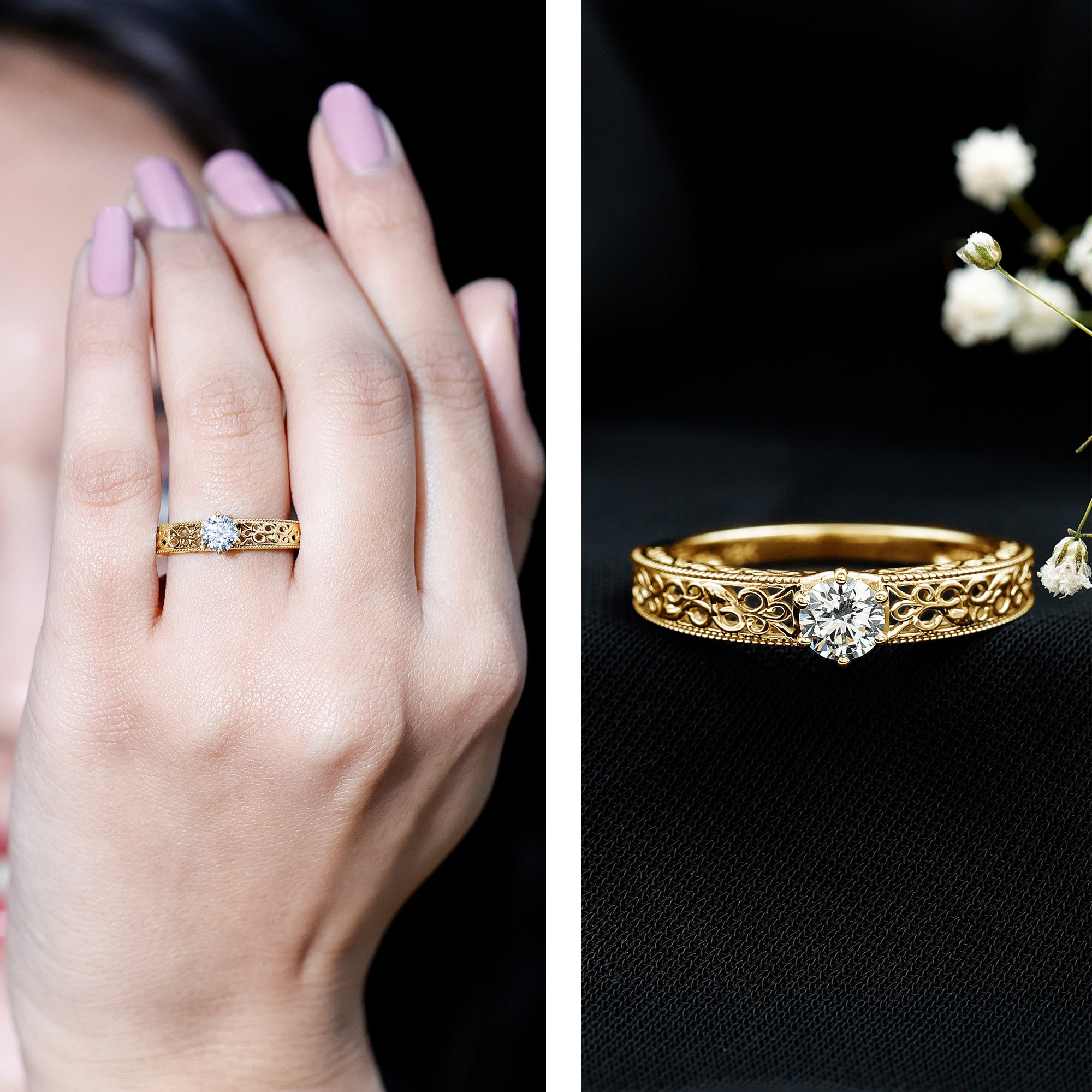 Cubic Zirconia Solitaire Vintage Inspired Filigree Ring in Claw Setting AAAA - Rosec Jewels