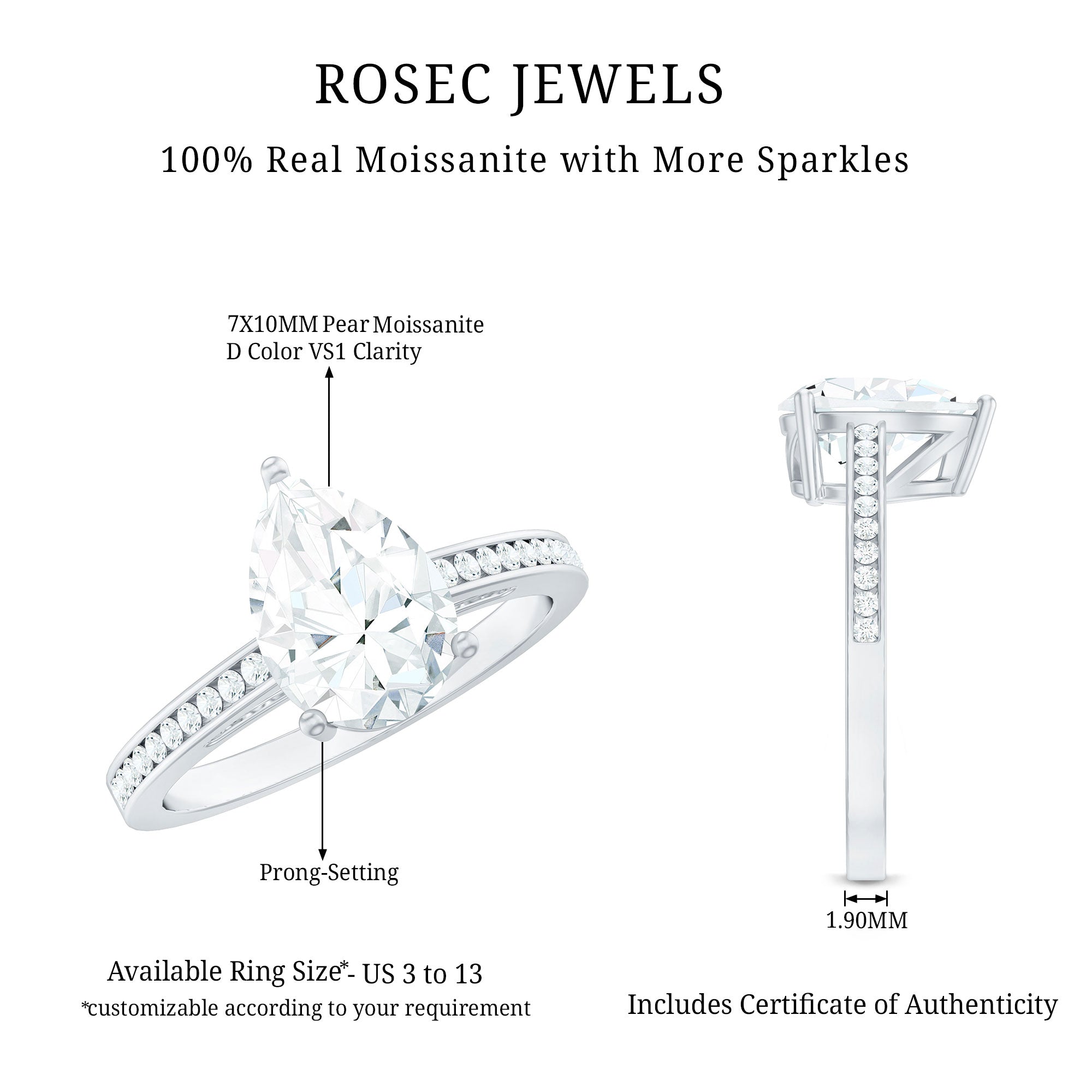 Solitaire Moissanite Pear Engagement Ring with Certificate D-VS1 - Rosec Jewels