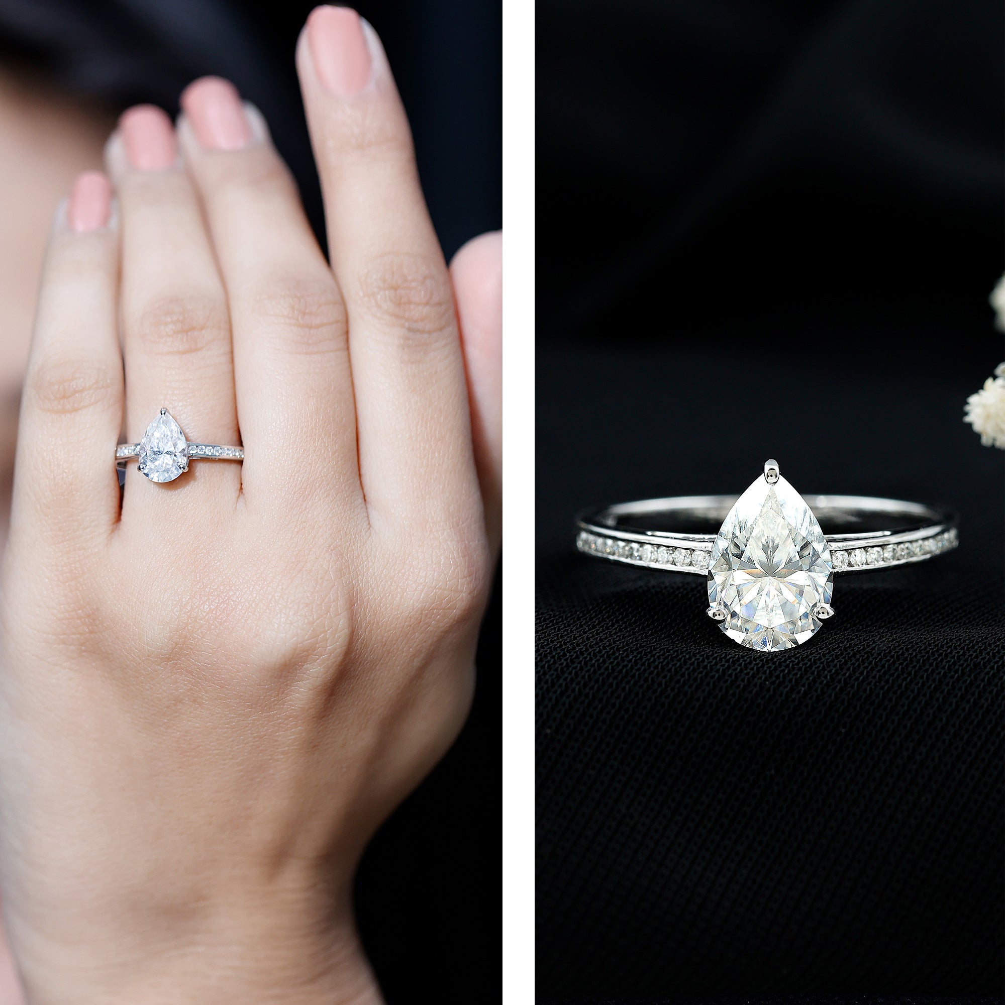 Solitaire Moissanite Pear Engagement Ring with Certificate D-VS1 - Rosec Jewels
