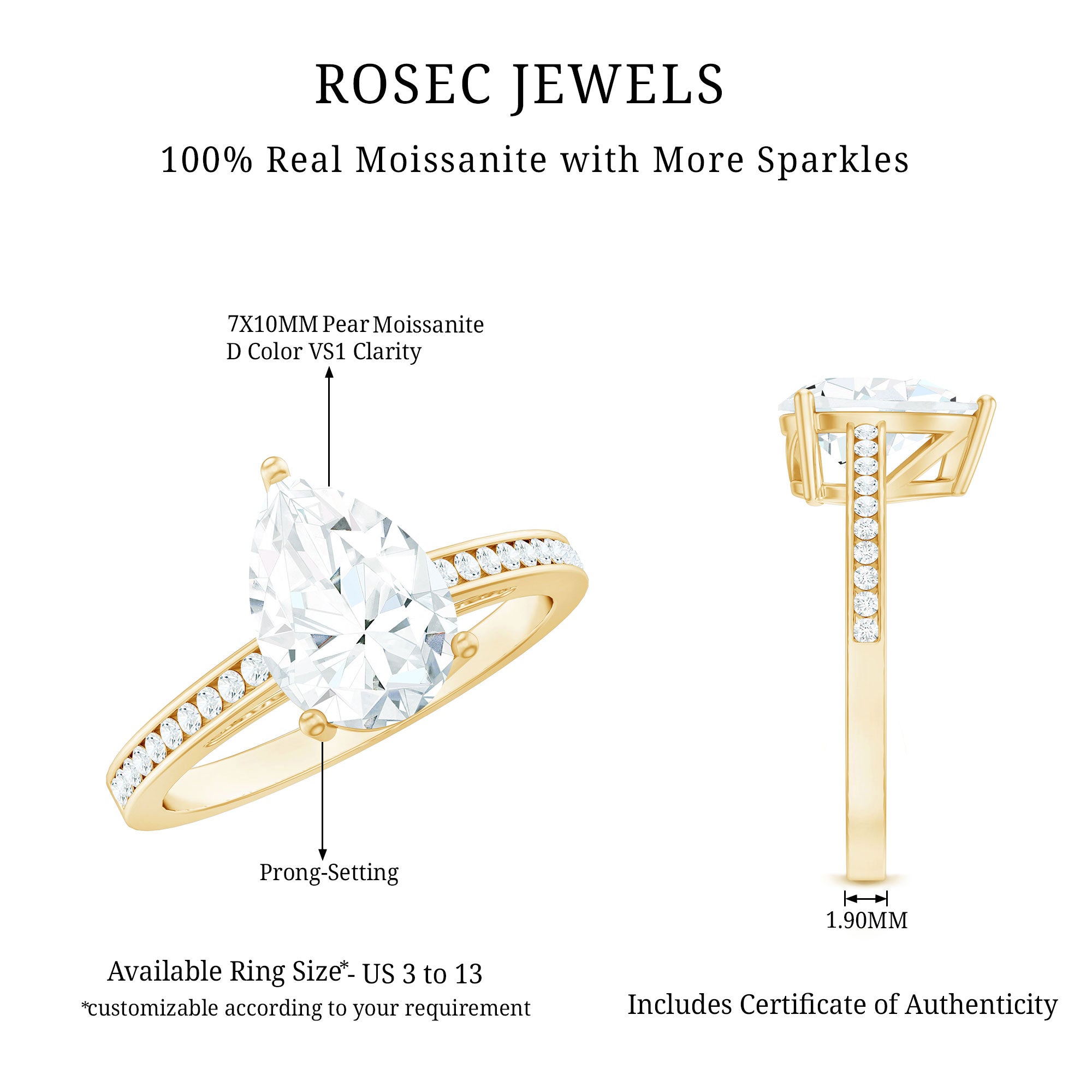 Solitaire Moissanite Pear Engagement Ring with Certificate D-VS1 - Rosec Jewels