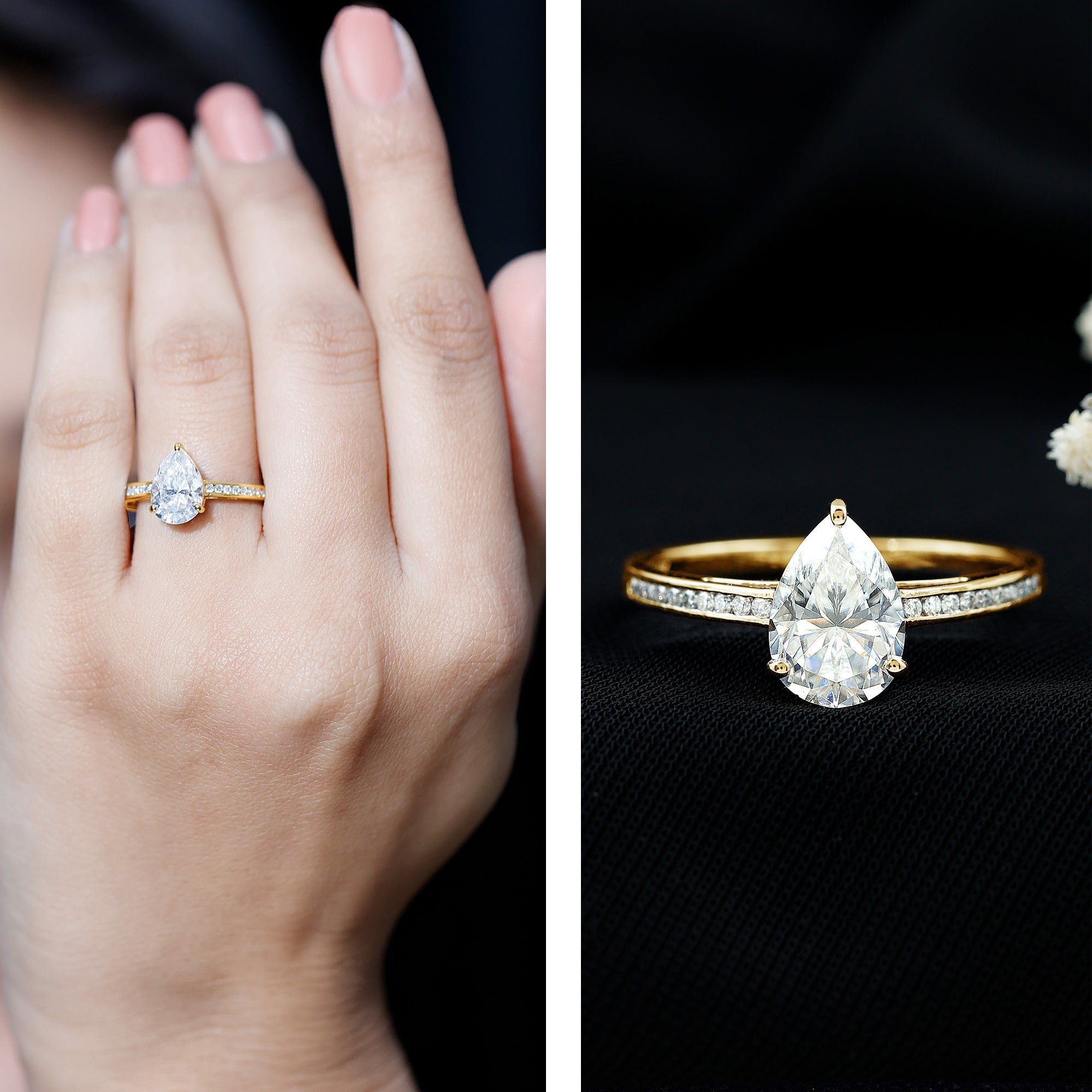 Solitaire Moissanite Pear Engagement Ring with Certificate D-VS1 - Rosec Jewels