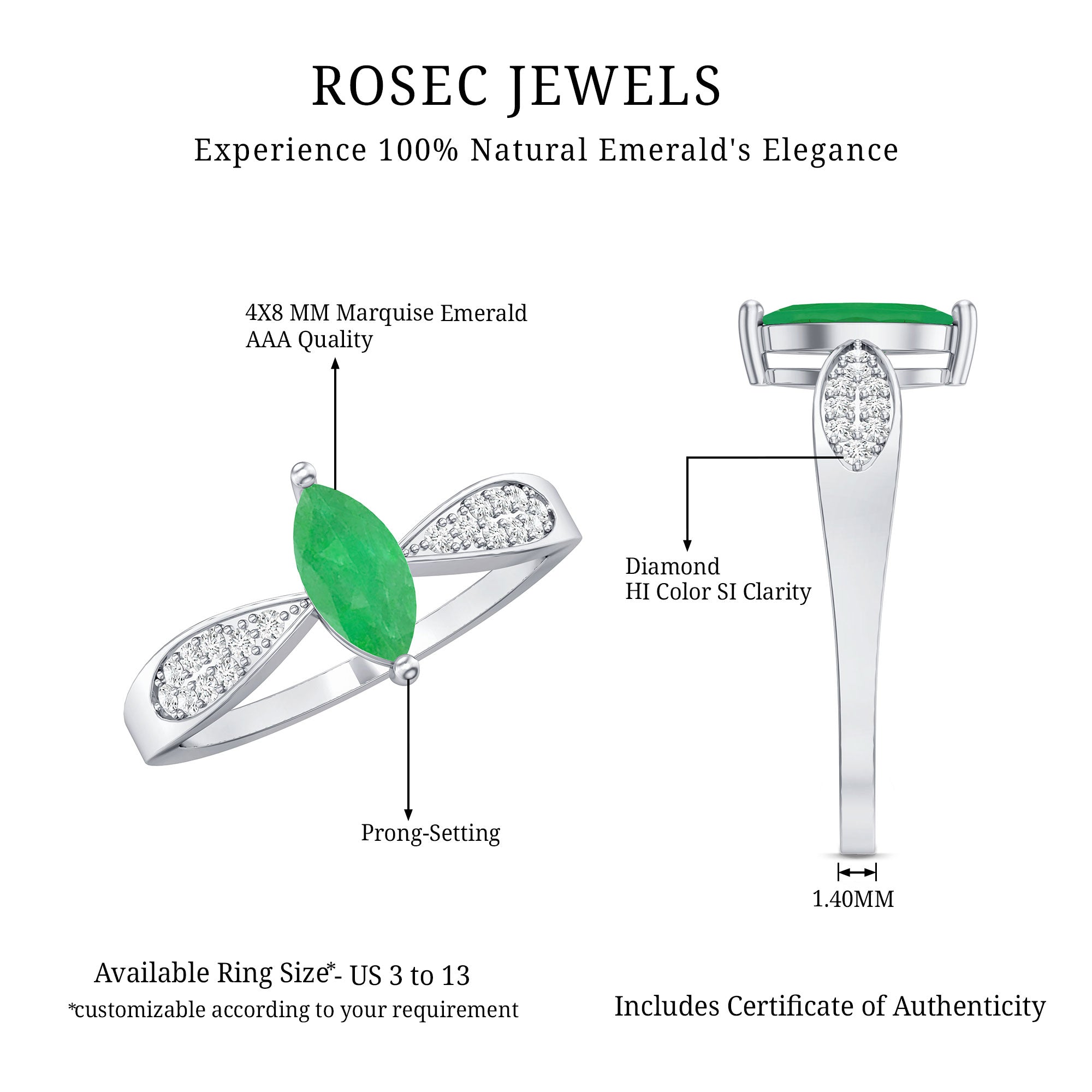 Genuine Emerald Diamond Marquise Engagement Ring with Pinched Shank AAA - Rosec Jewels