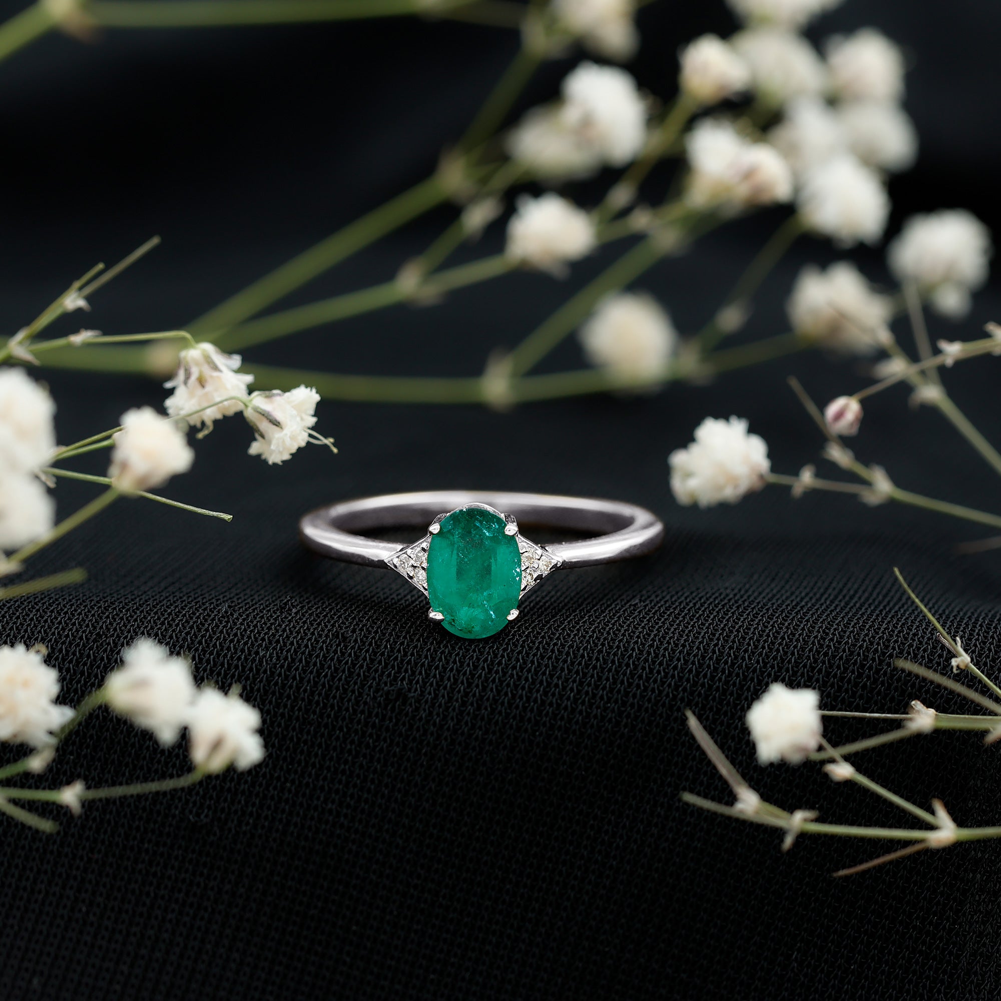 Rosec Jewels-Solitaire Oval Emerald Engagement Ring with Diamonds