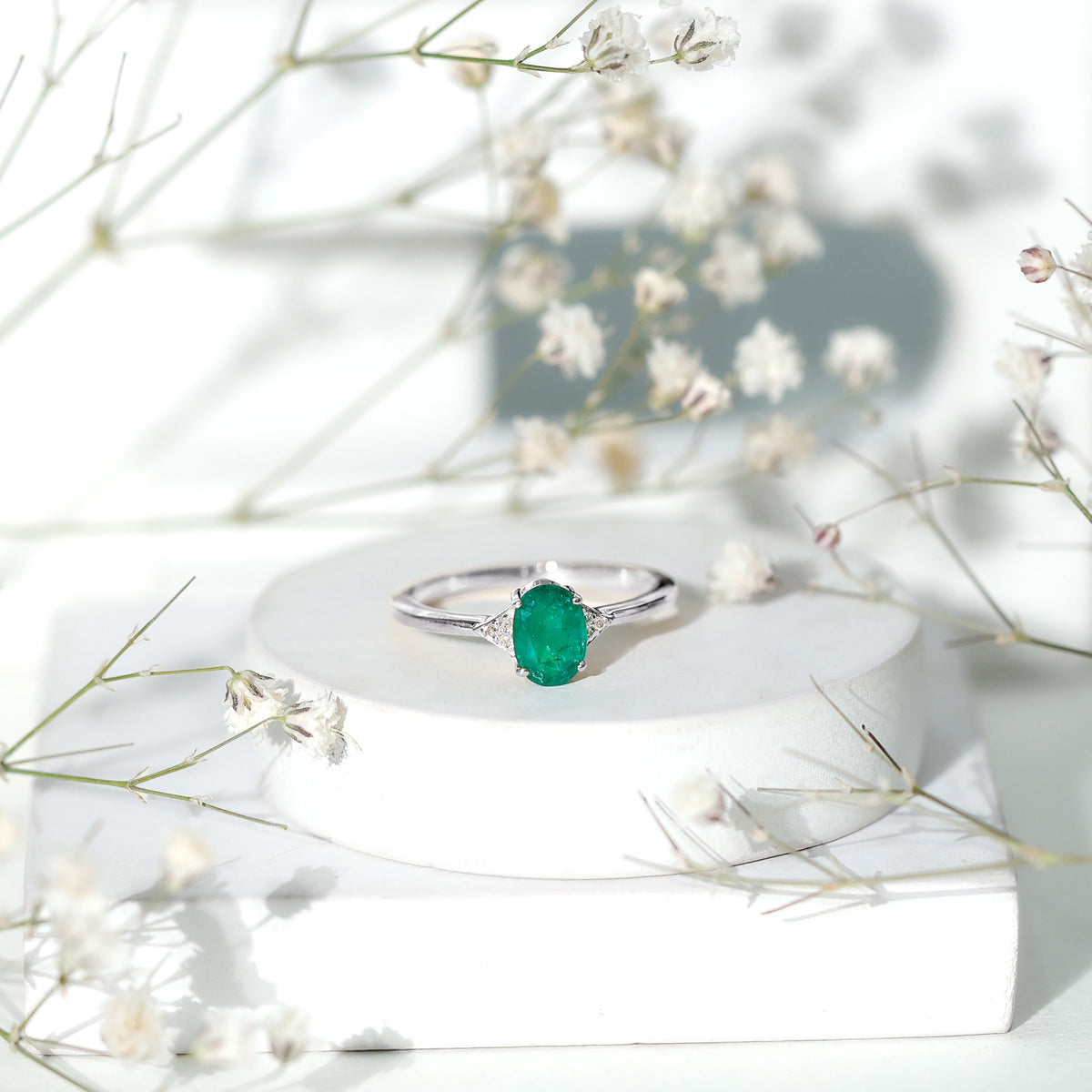 Solitaire Oval Emerald Engagement Ring with Diamonds AAA - Rosec Jewels