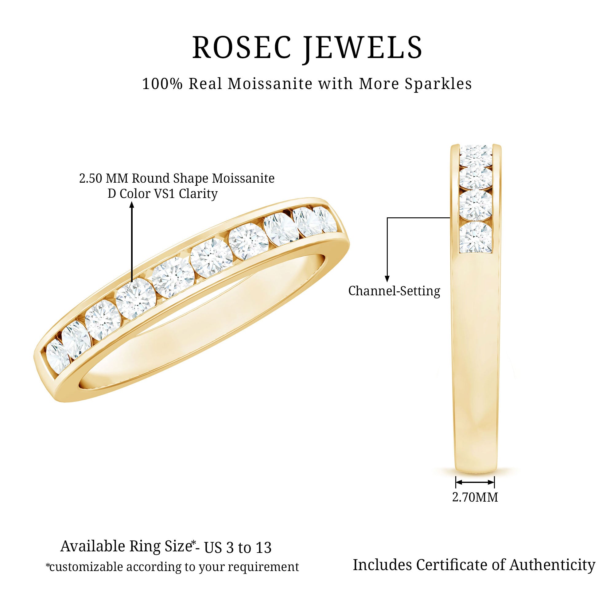Channel Set Moissanite Half Eternity Band Ring D-VS1 - Rosec Jewels