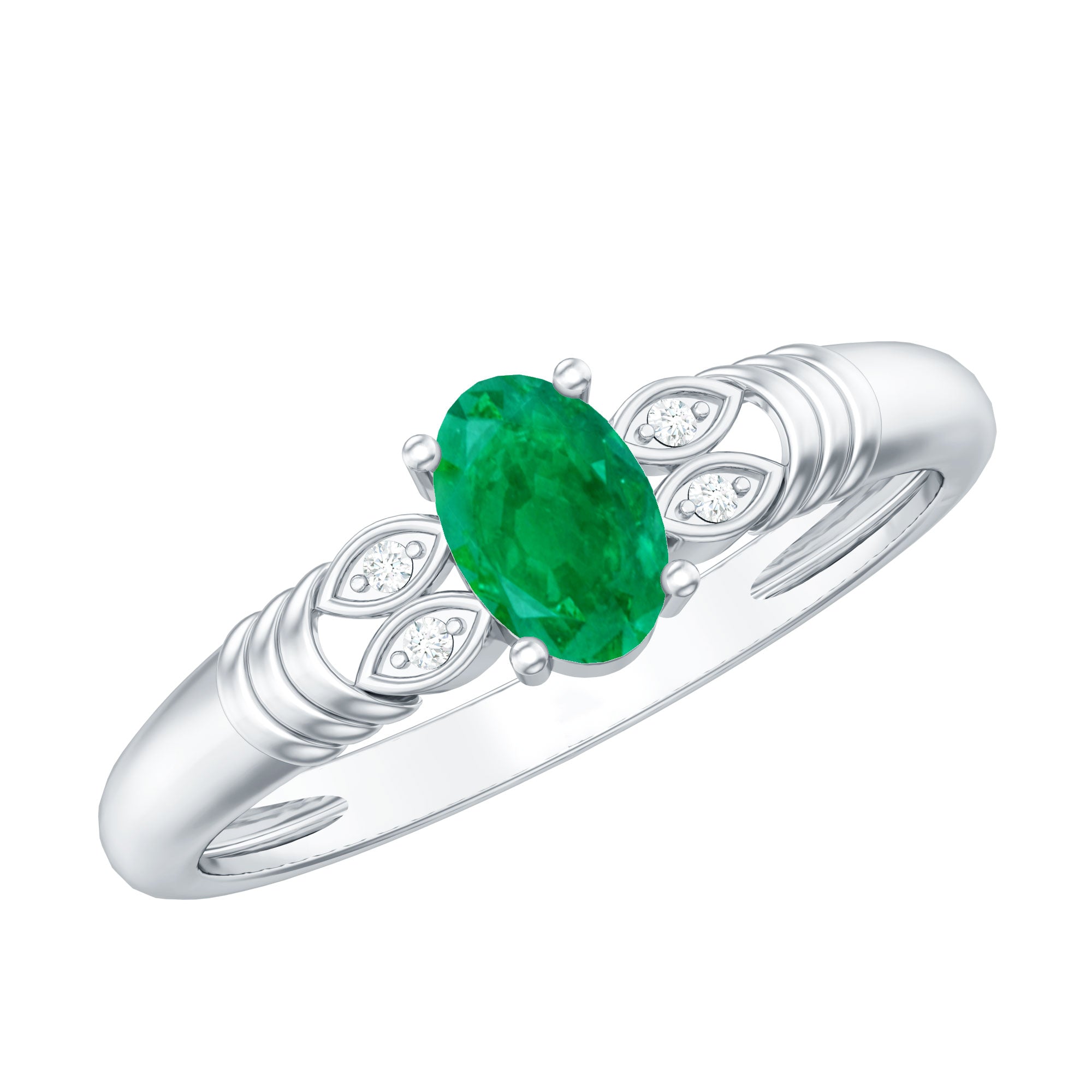 Real Oval Emerald Solitaire Engagement Ring with Diamond AAA - Rosec Jewels