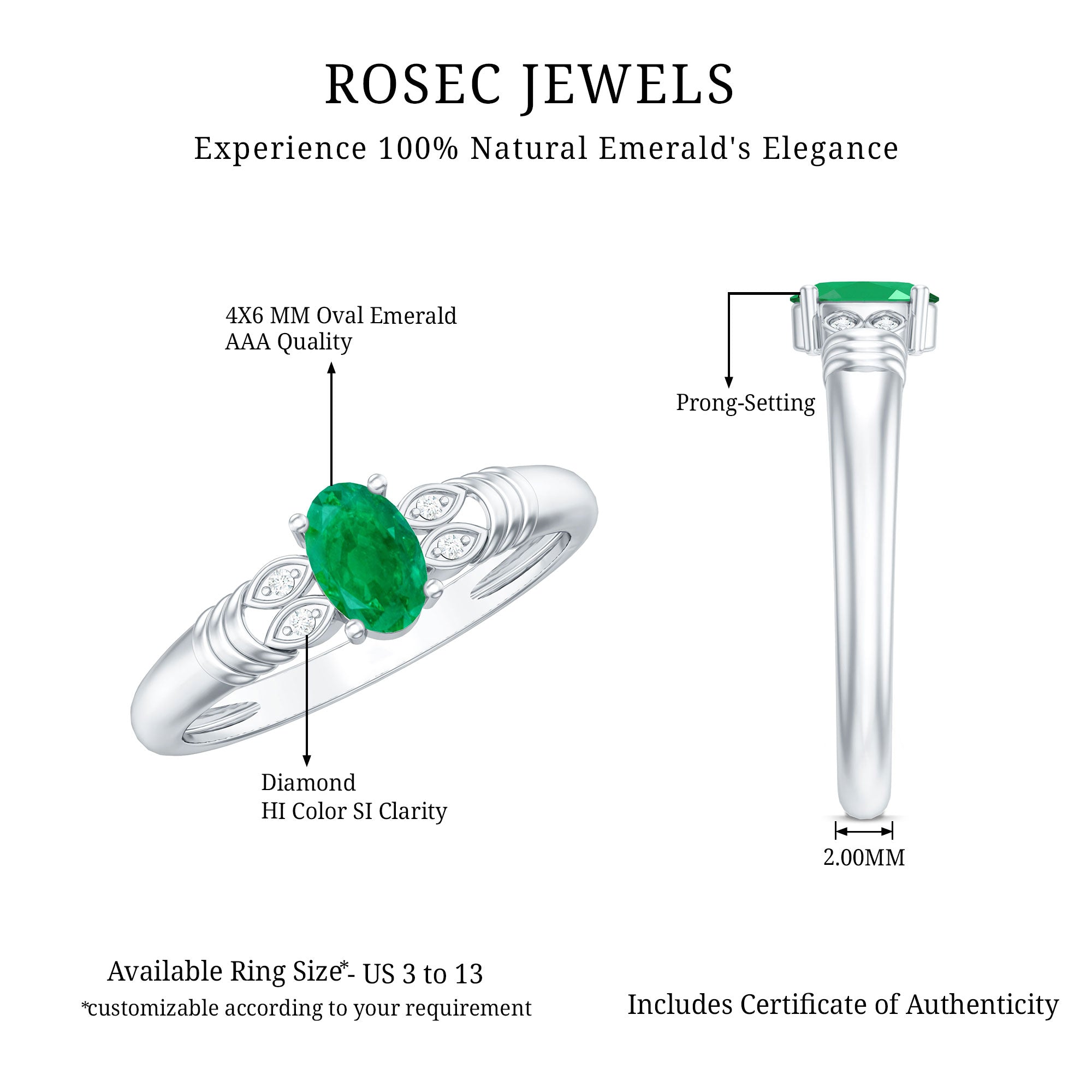 Real Oval Emerald Solitaire Engagement Ring with Diamond AAA - Rosec Jewels