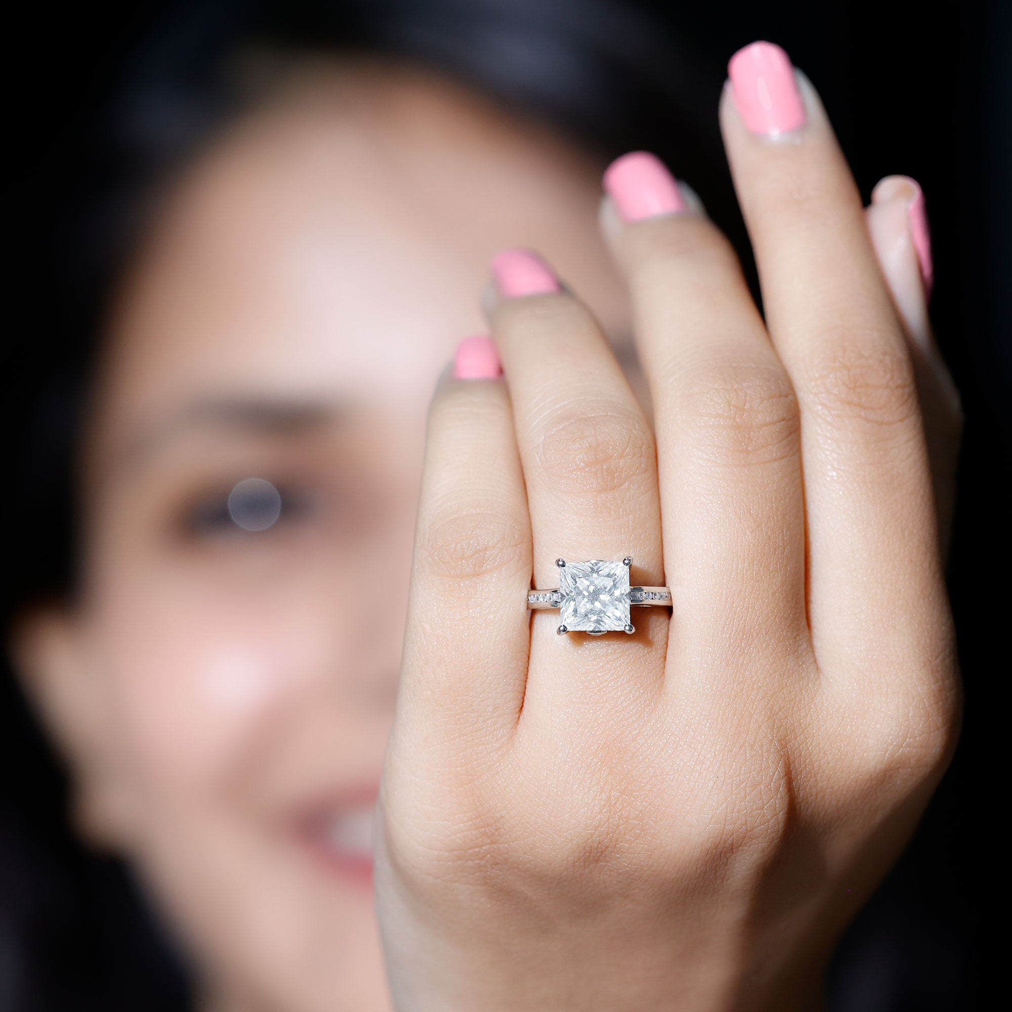Solitaire Moissanite Princess Cut Engagement Ring with Side Stones D-VS1 - Rosec Jewels