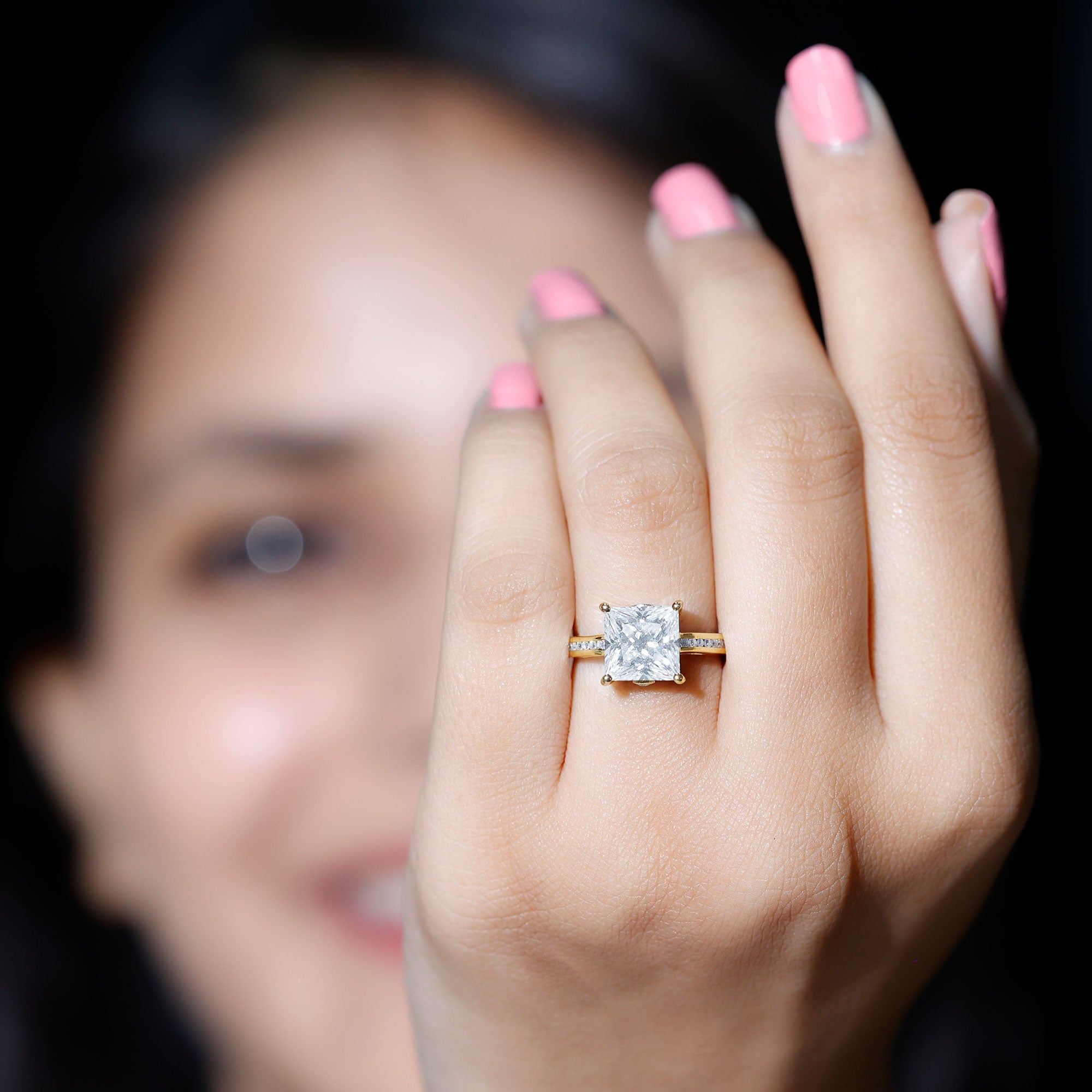 Solitaire Moissanite Princess Cut Engagement Ring with Side Stones D-VS1 - Rosec Jewels