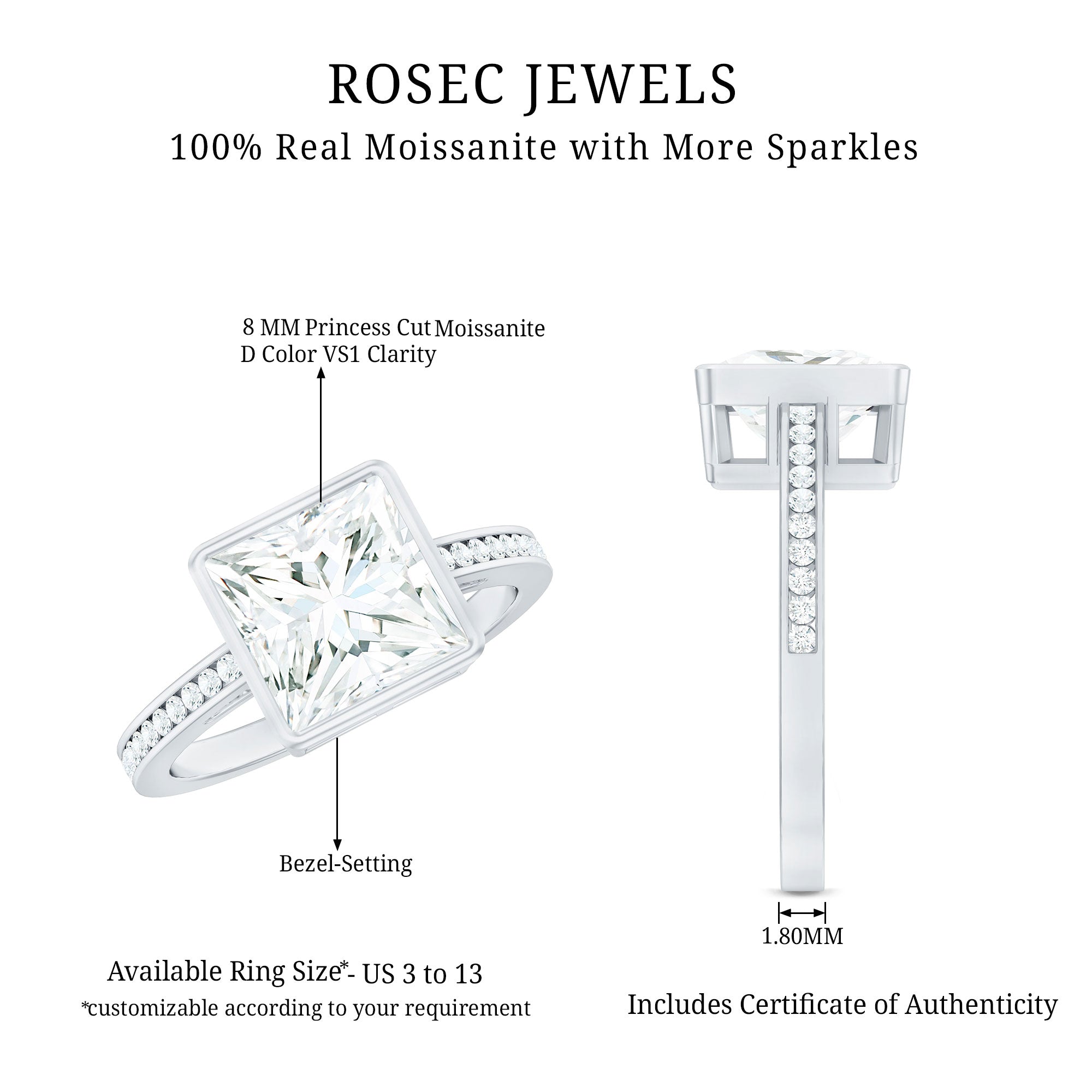 3 CT Moissanite Bezel Set Engagement Ring with Channel Set D-VS1 - Rosec Jewels