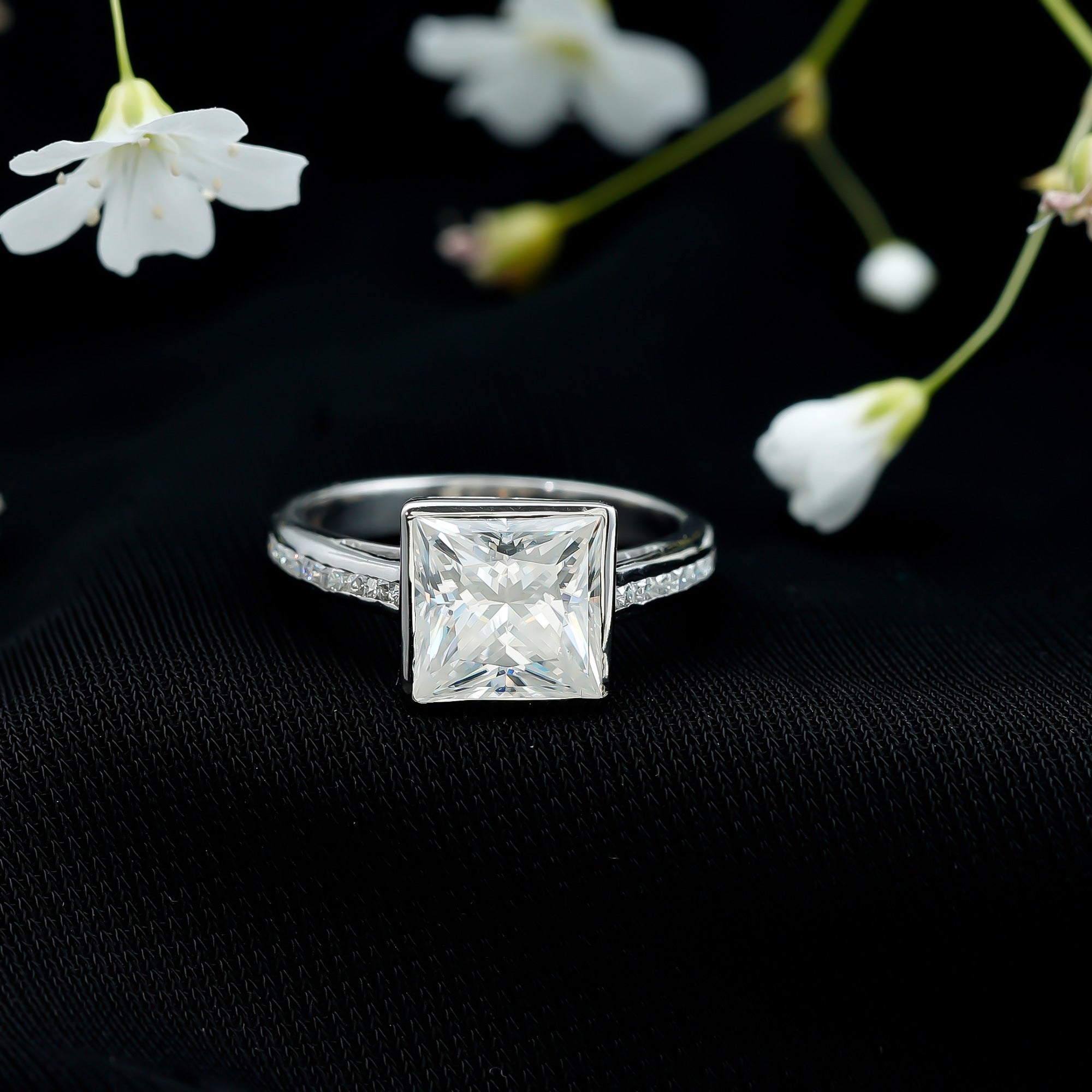 3 CT Moissanite Bezel Set Engagement Ring with Channel Set D-VS1 - Rosec Jewels