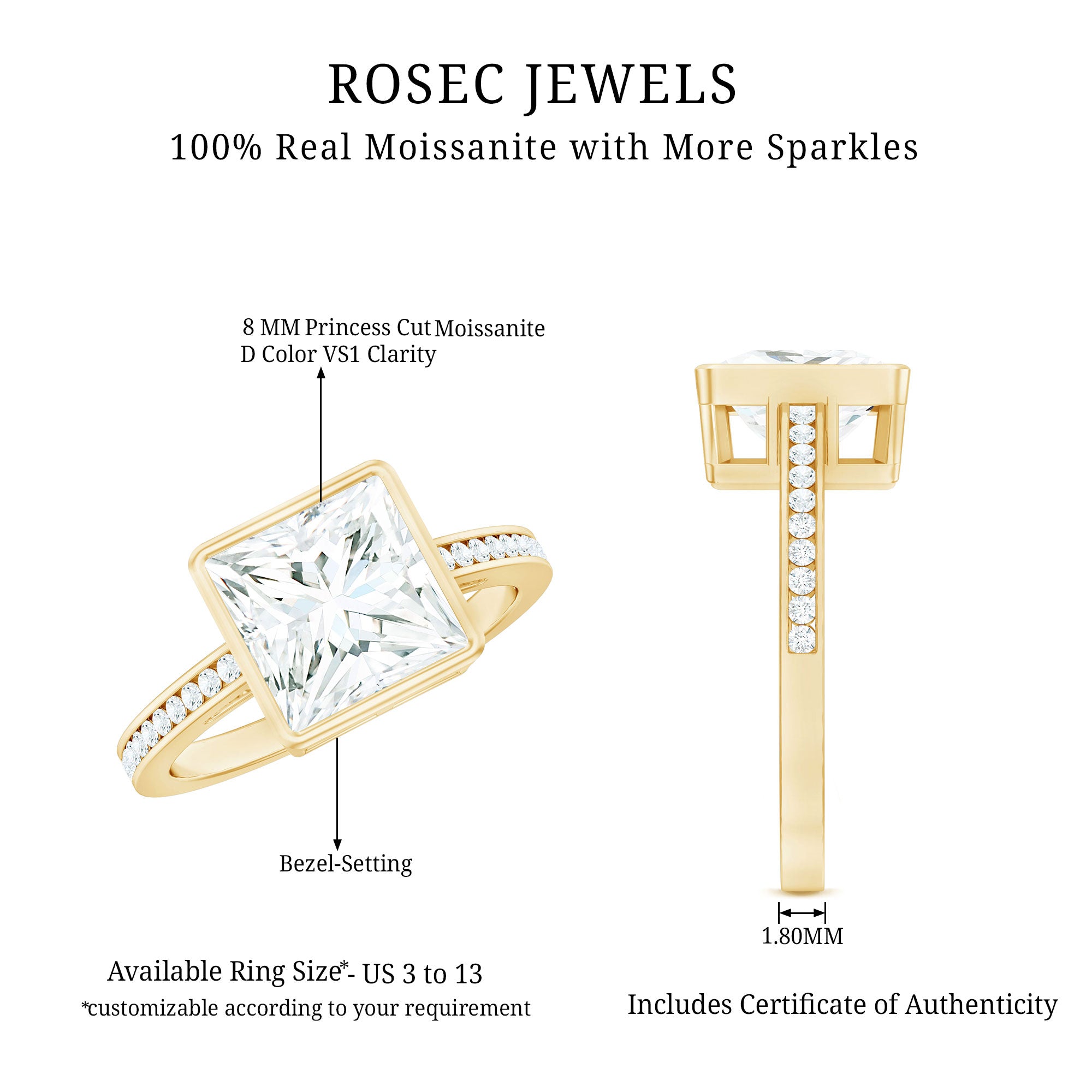 3 CT Moissanite Bezel Set Engagement Ring with Channel Set D-VS1 - Rosec Jewels
