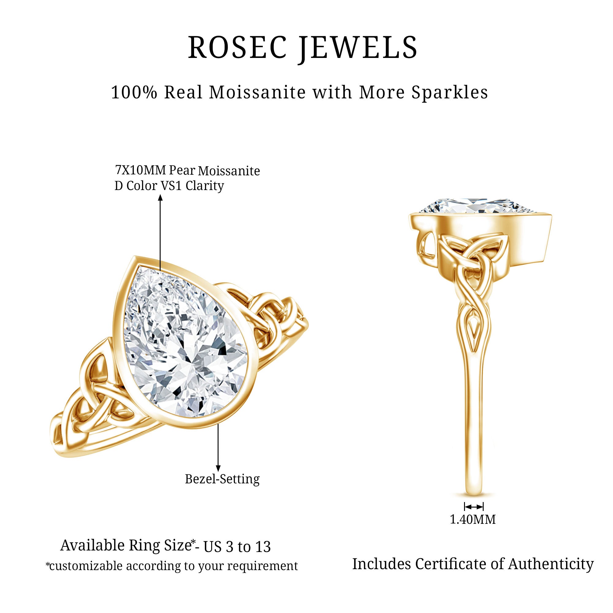 2.2 Carat Pear Shape Moissanite Celtic Knot Engagement Ring D-VS1 - Rosec Jewels