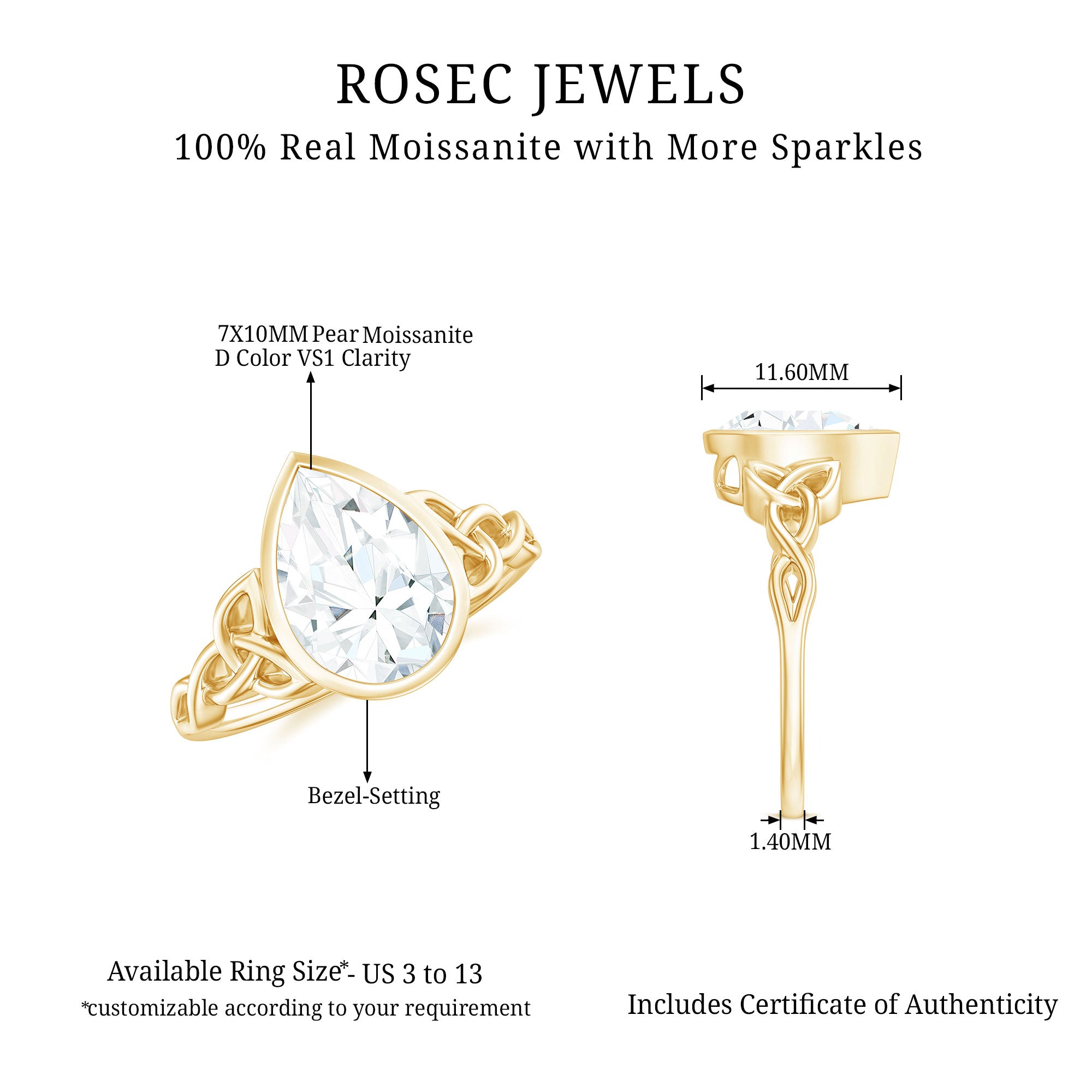 2.25 Carat Pear Shape Moissanite Celtic Knot Engagement Ring D-VS1 - Rosec Jewels