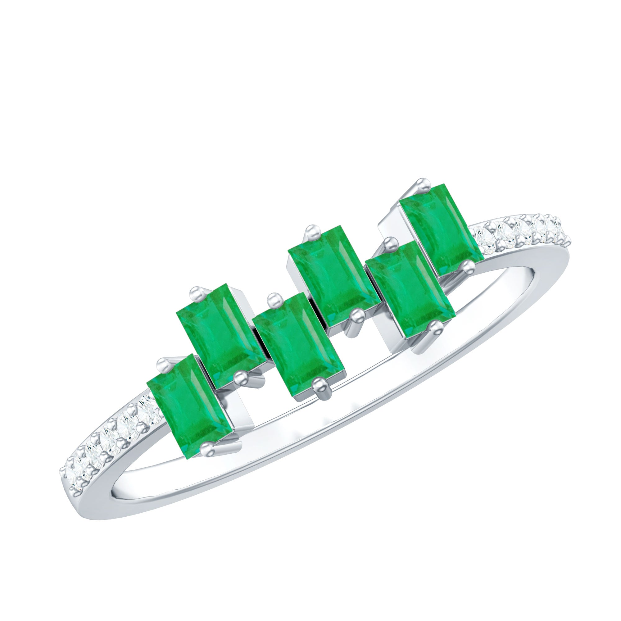 Baguette Cut Emerald Promise Ring with Diamond Side Stones AAA - Rosec Jewels