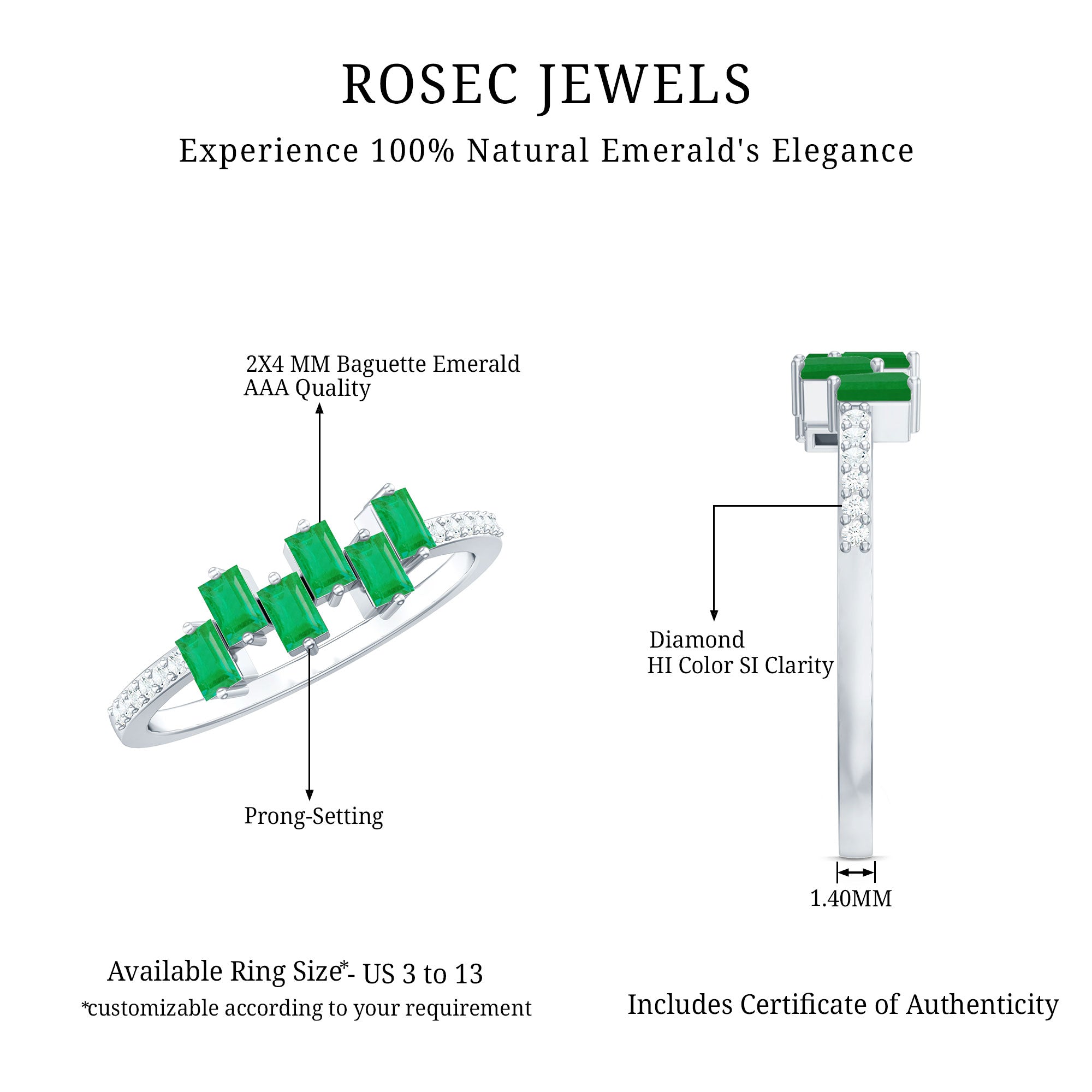 Baguette Cut Emerald Promise Ring with Diamond Side Stones AAA - Rosec Jewels