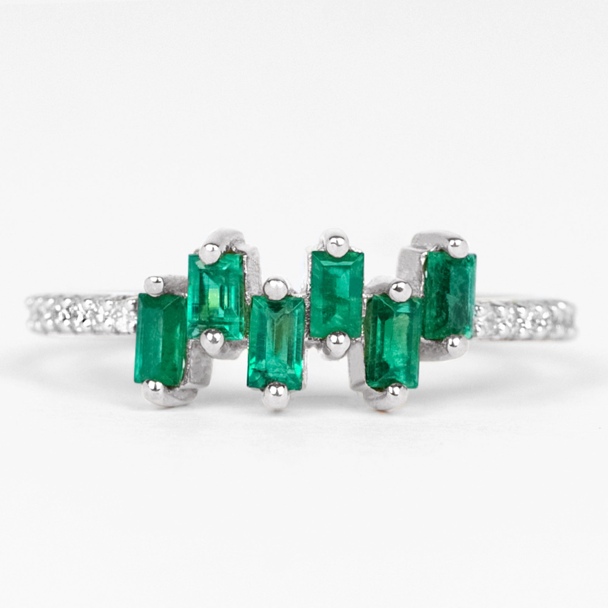 Baguette Cut Emerald Promise Ring with Diamond Side Stones AAA - Rosec Jewels