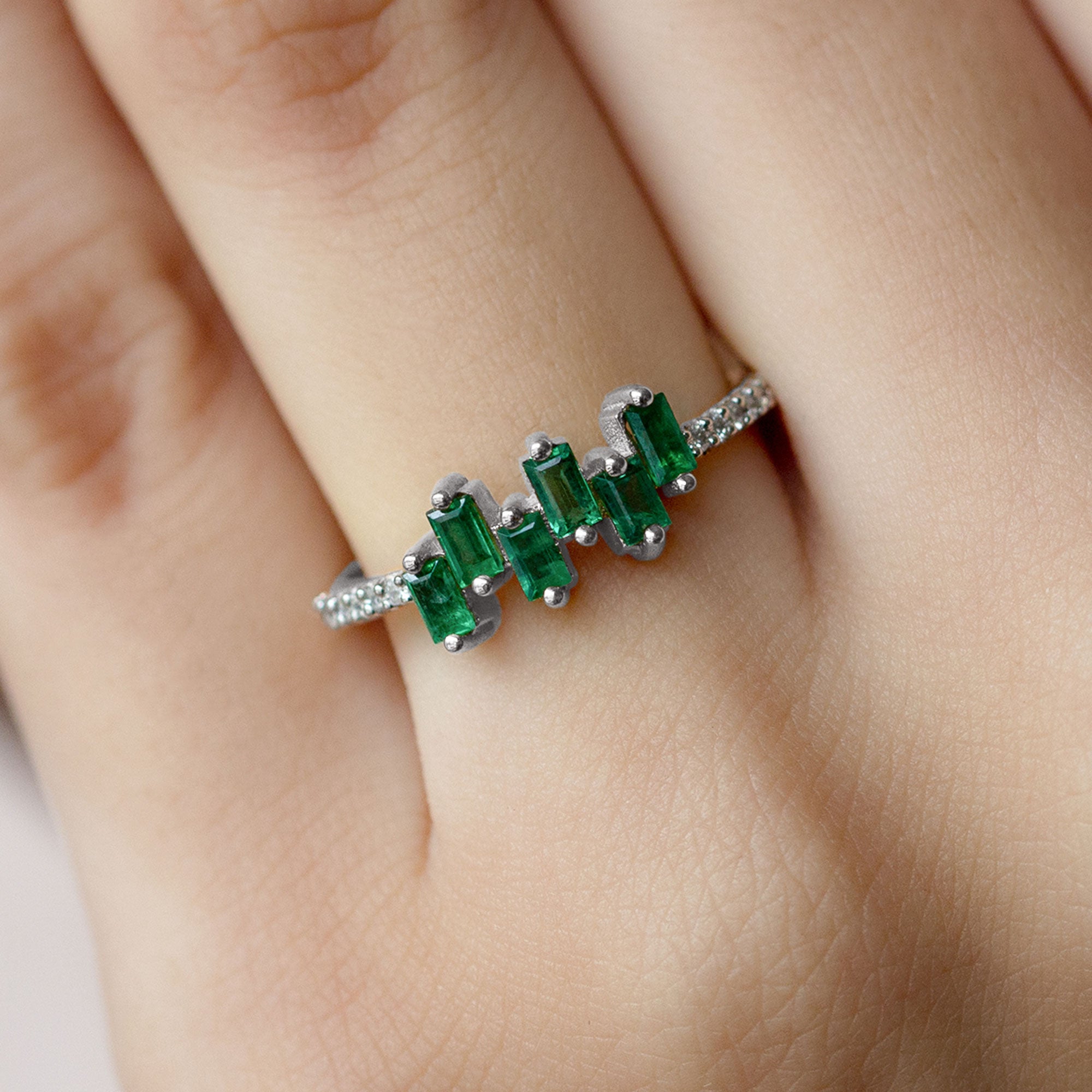 Baguette Cut Emerald Promise Ring with Diamond Side Stones AAA - Rosec Jewels