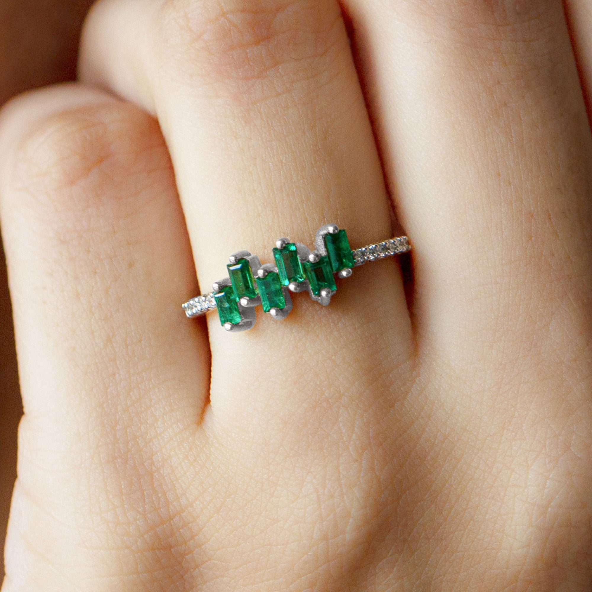 Baguette Cut Emerald Promise Ring with Diamond Side Stones AAA - Rosec Jewels