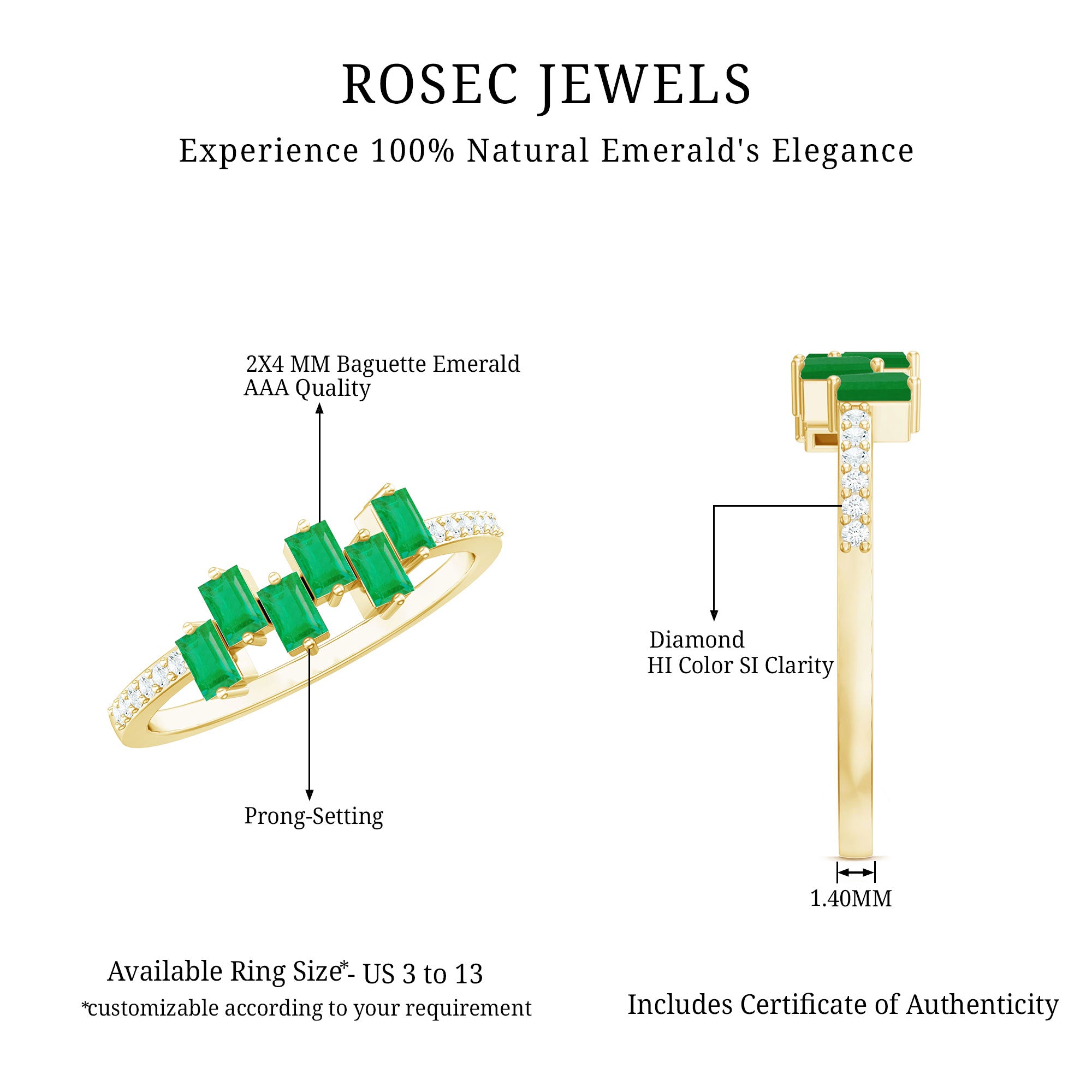 Baguette Cut Emerald Promise Ring with Diamond Side Stones AAA - Rosec Jewels