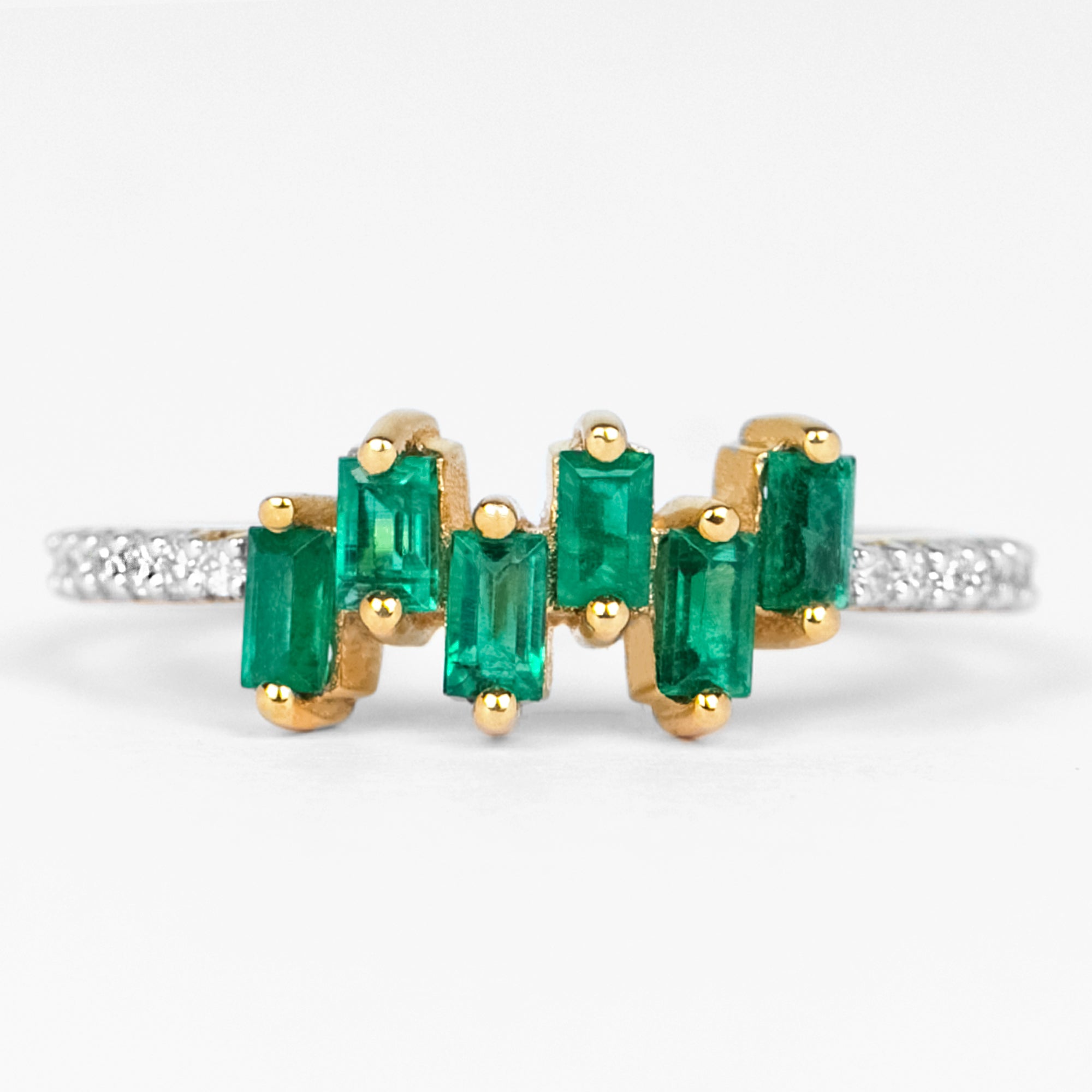 Baguette Cut Emerald Promise Ring with Diamond Side Stones AAA - Rosec Jewels