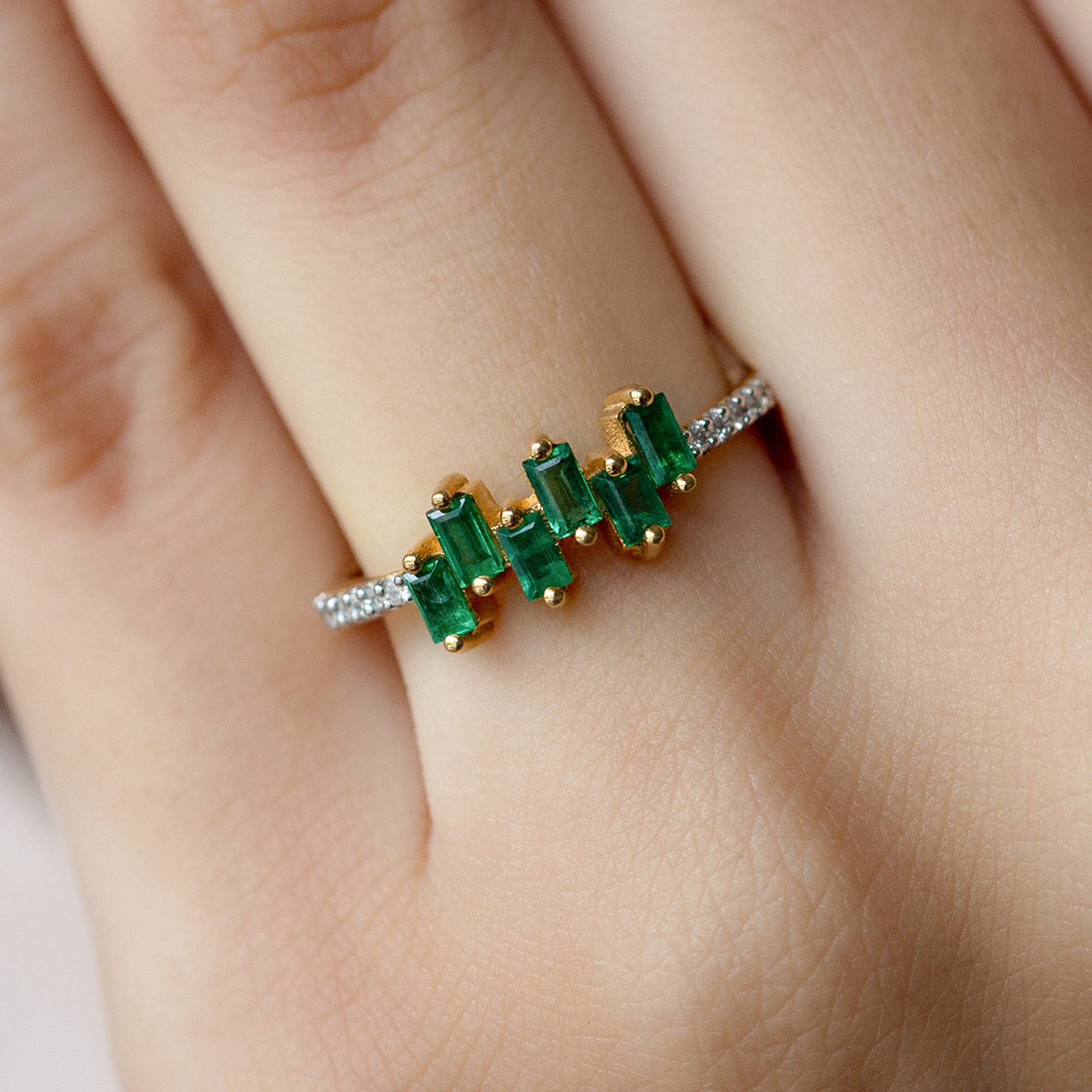 Baguette Cut Emerald Promise Ring with Diamond Side Stones AAA - Rosec Jewels