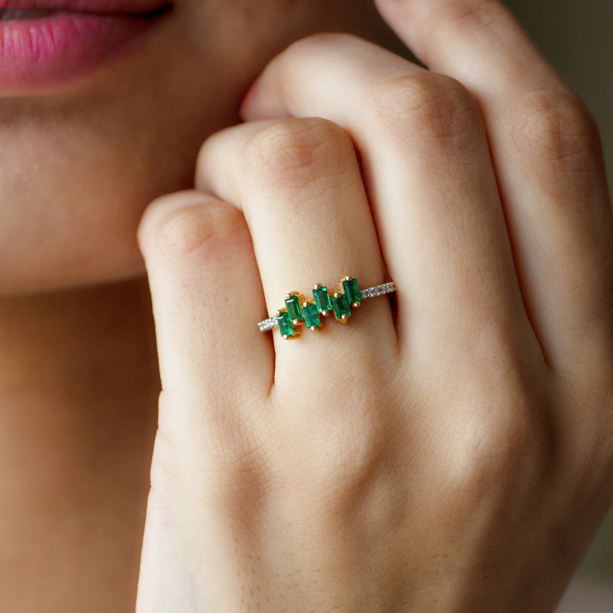 Baguette Cut Emerald Promise Ring with Diamond Side Stones AAA - Rosec Jewels