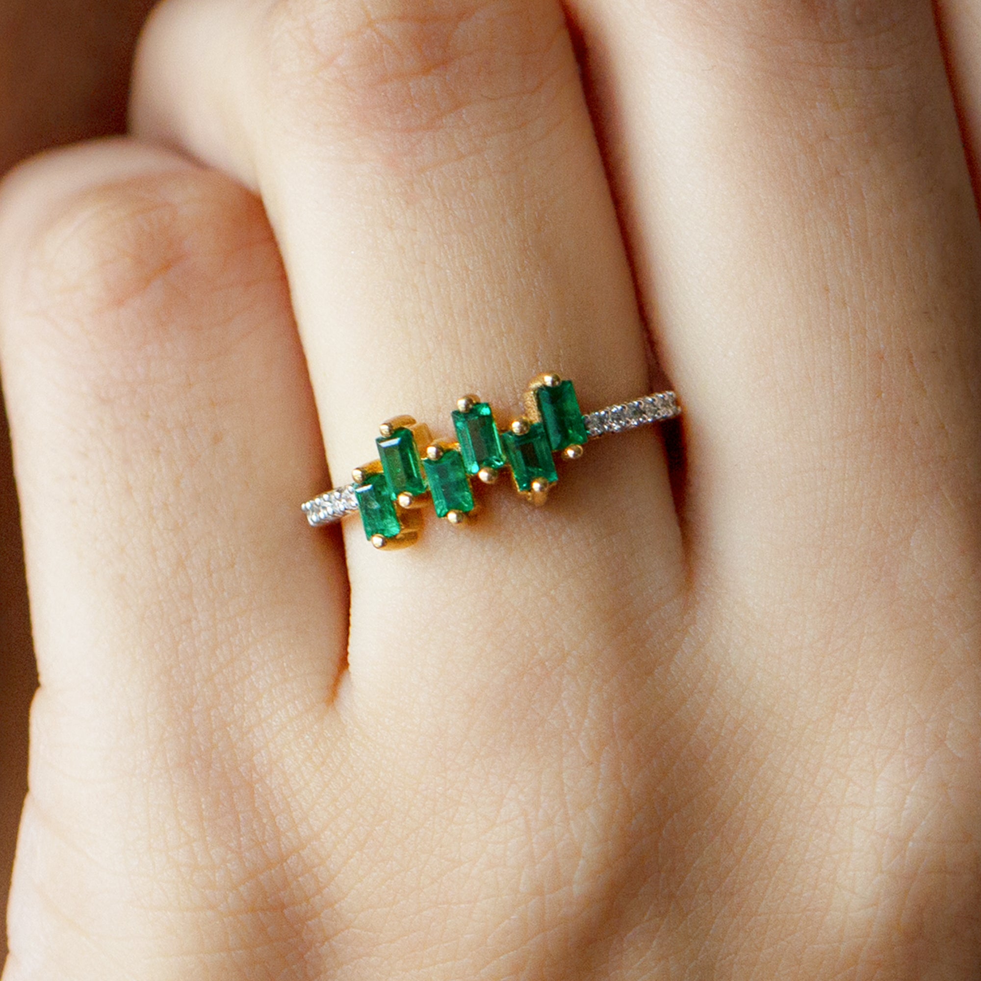 Baguette Cut Emerald Promise Ring with Diamond Side Stones AAA - Rosec Jewels