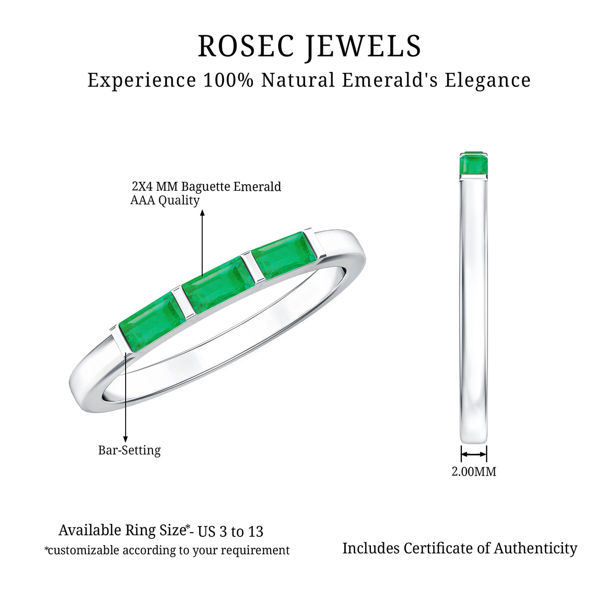 Baguette Cut Real Emerald 3 Stone Ring with Certificate AAA - Rosec Jewels